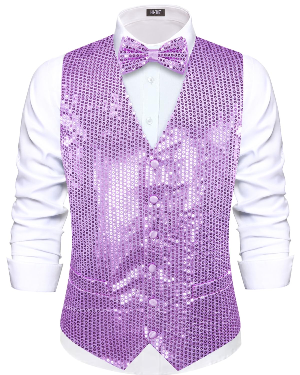 Hi-Tie Men's Sequin Vest Bowtie Prom Suit Vest for Men Tuxedo Dinner V Neck Slim Fit Waistcoats