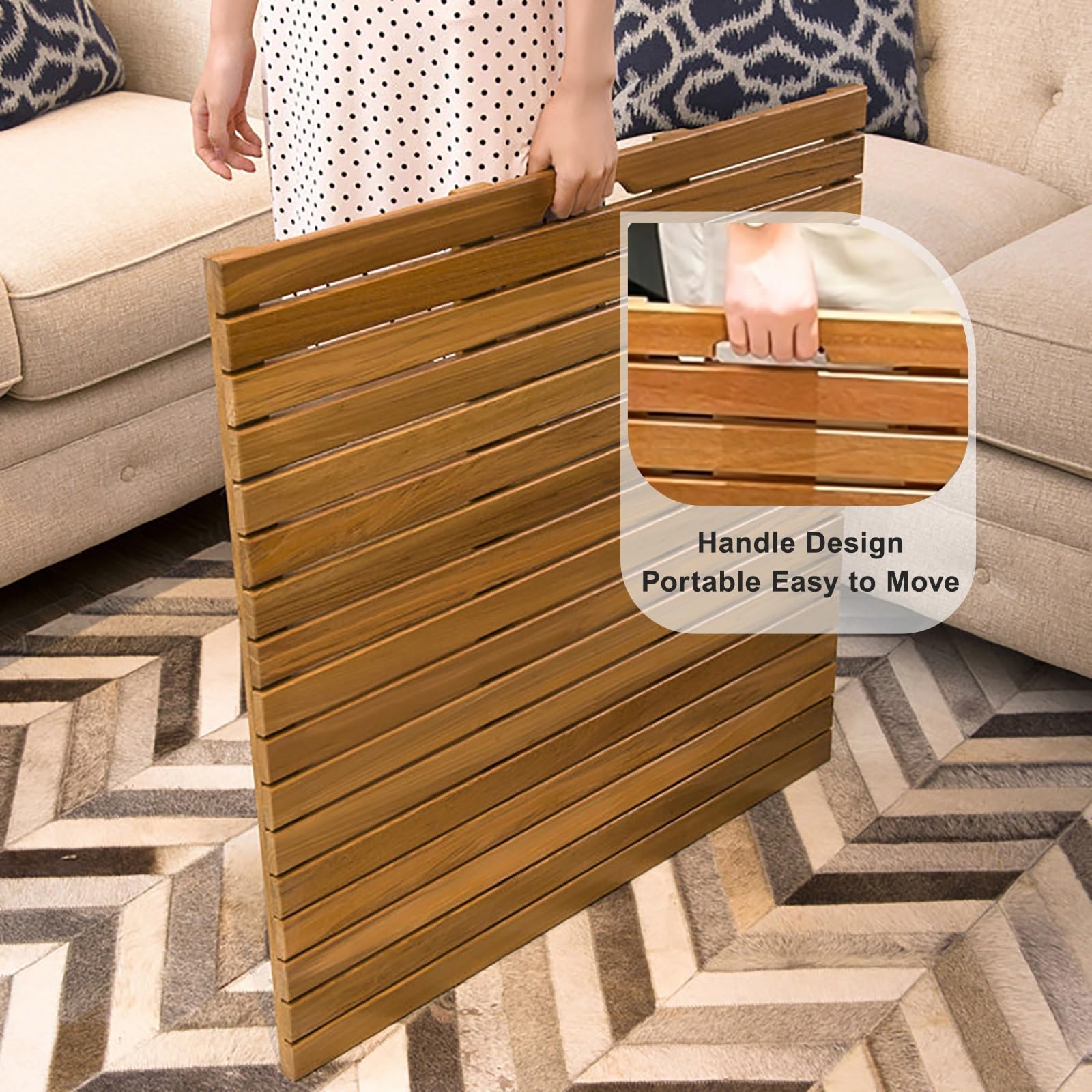 Tappetino da Bagno in Legno di Teak Pedana Doccia Impermeabile,Design a Doghe, Design rialzato per Doccia Esterna(30x30cm/11.8x11.8in)