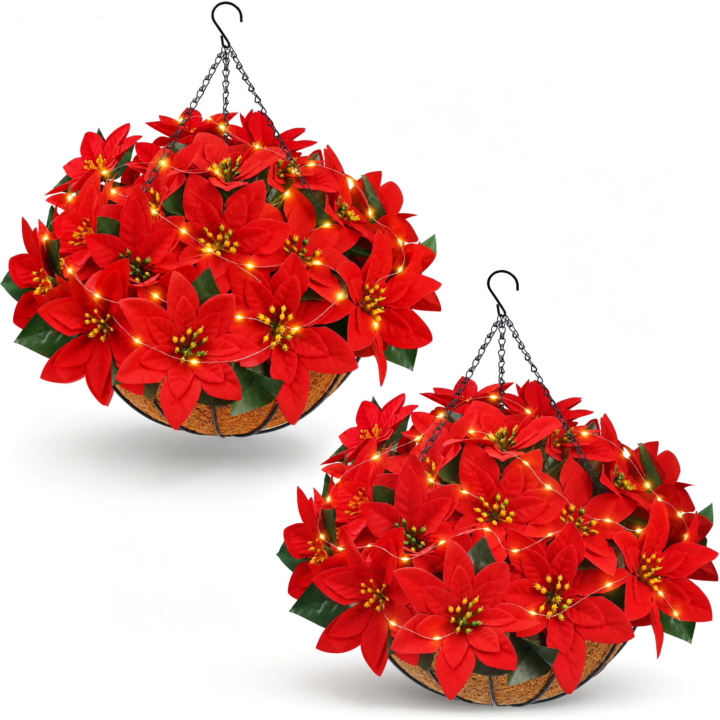Der Rose 2 Pack Artificial Poinsettia Christmas Hanging Baskets with Lights โ image 1