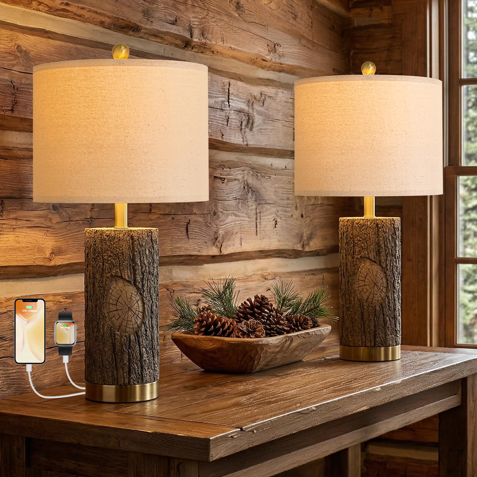 25.5'' Rustic Farmhouse Table Lamps, Faux Wood Tree Bark Lamps with Gold Base, Bedside La…