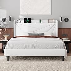 Feonase King Size Bed Frame with Charging Station, Upholstered Bed Frame with Wingback Storage Headboard, Solid Wood Slats Support, No Box Spring Needed, Light Gray