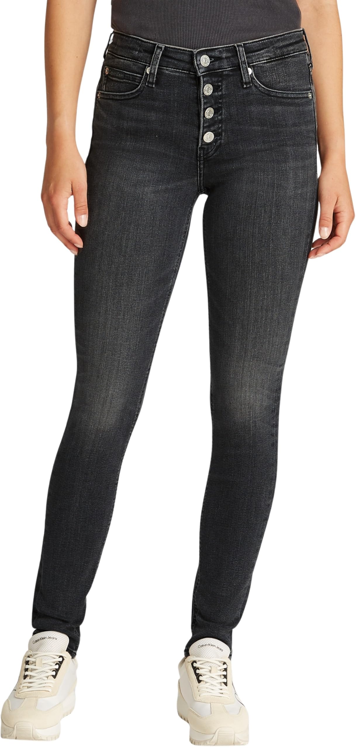Calvin Klein Women’s Mid Rise Skinny Jeans with Button Placket, Black (Denim Black), 28W/32L