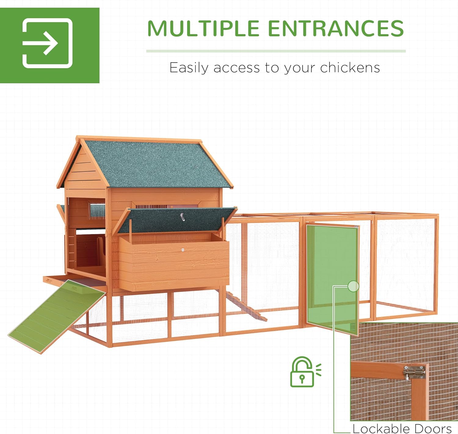 Image showing multiple access points and lockable doors on the chicken coop for easy interaction and security.