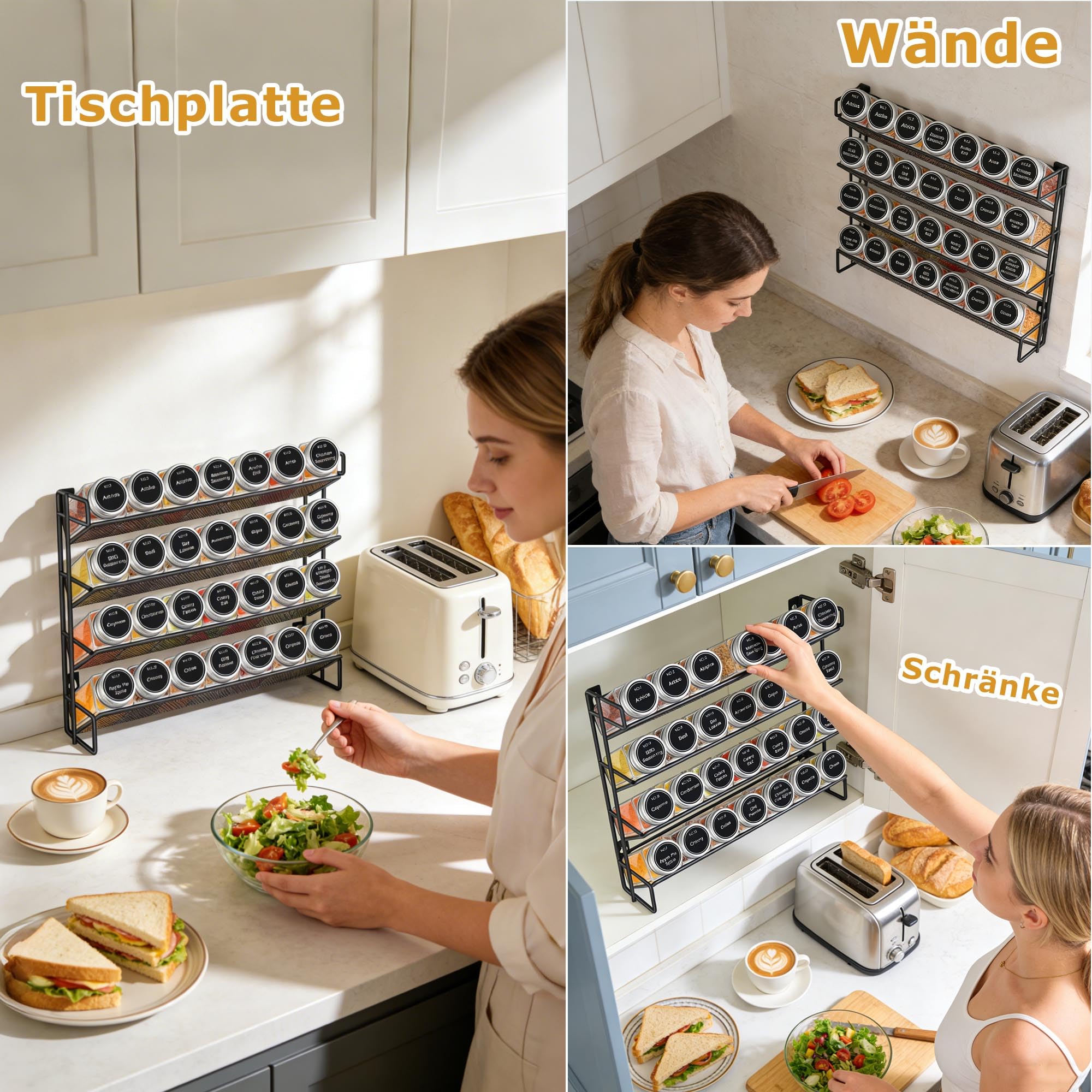4 Stöckiges Gewürzregal Stehend & Wand 28 Leere Gewürz Organizer mit Gestell und 432 Gewürzetiketten, Spice Rack Gewürzregal Ohne Bohren für Küchen, Schrank, Speisekammer (Packung mit 2)