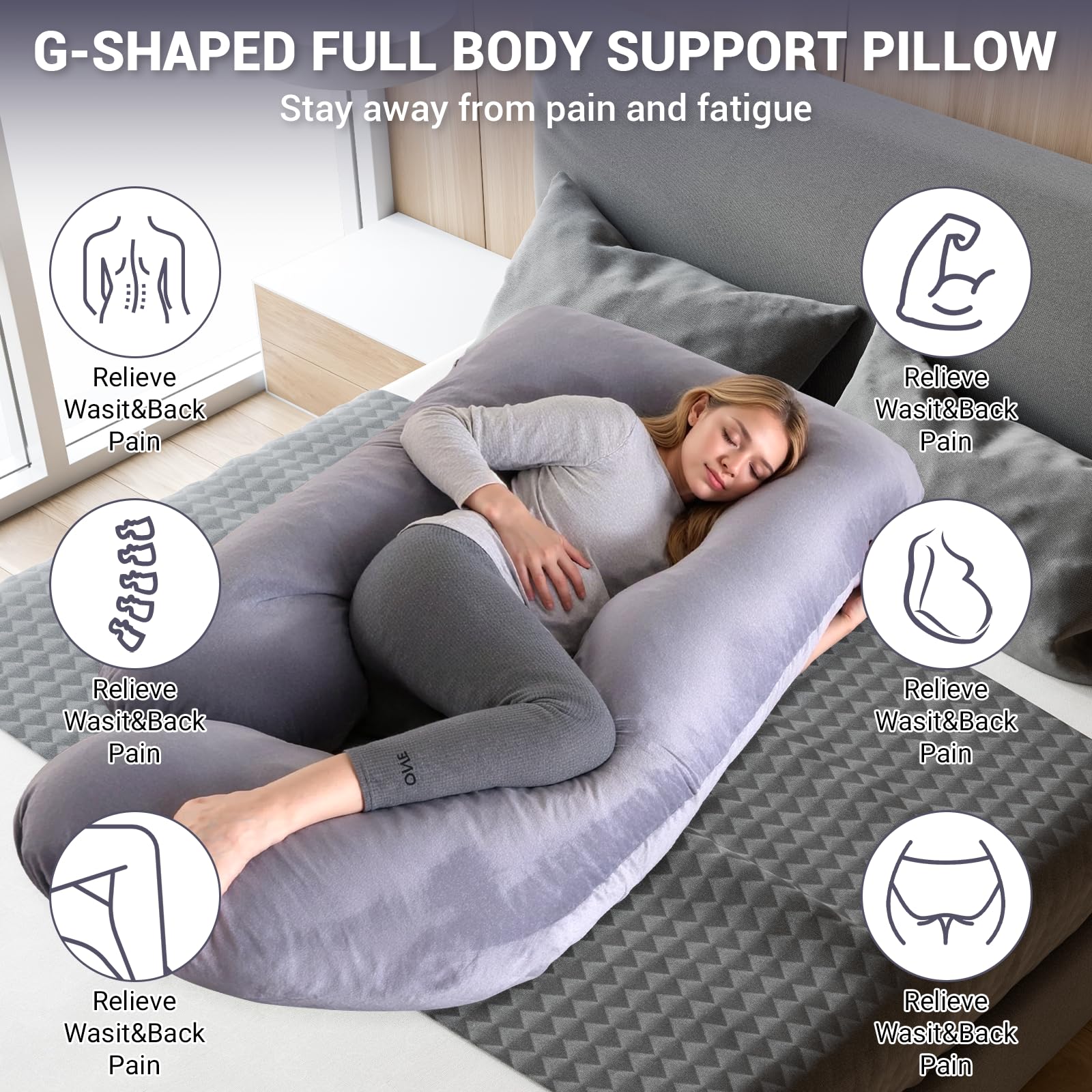 Cuscino Gravidanza,Cuscino Gravidanza per Dormire,Cuscino a Forma di J Supporto Maternità,Cuscino Allattamento e Gravidanza con Rivestimento Esterno Lavabile e Mascherina per Gli Occhi