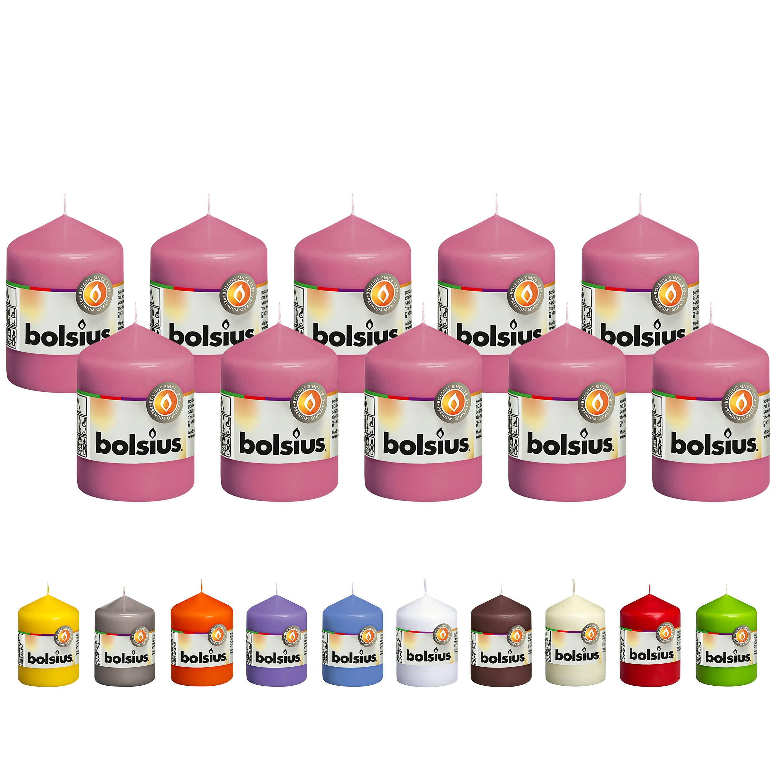 BOLSIUS 10 Pink Pillar Candles - 2.25 x 3.25 Inches - Premium European Quality - Individually Wrapped - 17 Hour Burn Time - Dripless Smokeless Unscented Dinner, Wedding, Party, & Restaurant Candles