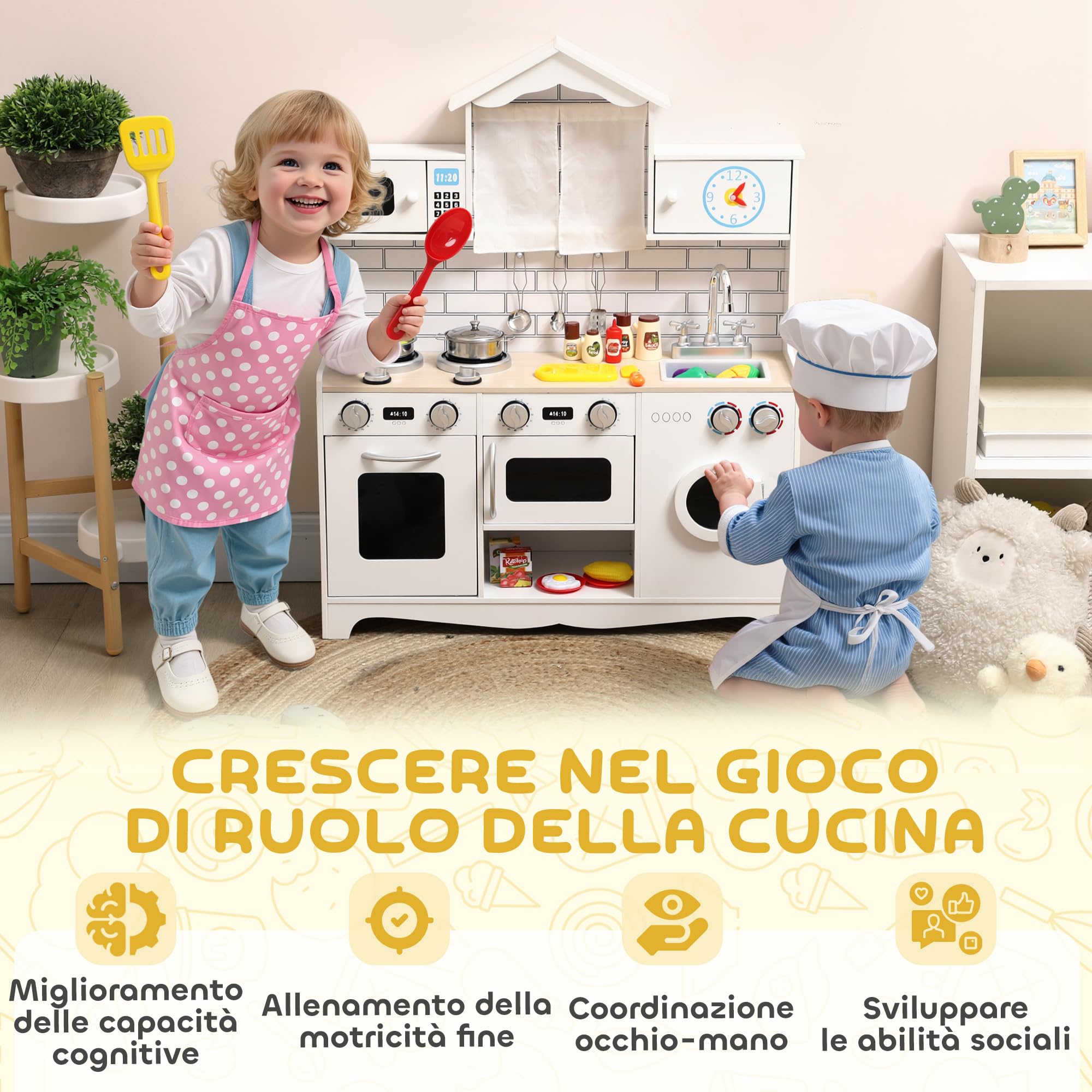 AIYAPLAY Cucina Giocattolo per Bambini da 3-6 Anni Legno Forno Bianco | Set di Accessori in Acciaio, Armadietti, Lavandino, Manopole con Suoni