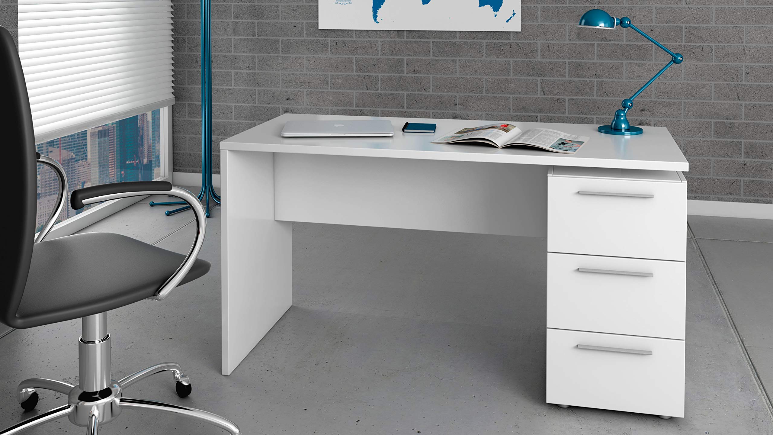 Bricozone Scrivania Bianca Con Cassettiera Reversibile A 3 Cassetti In Melaminico Design Moderno Per Ufficio Studio E Cameretta 138x74x60 Cm