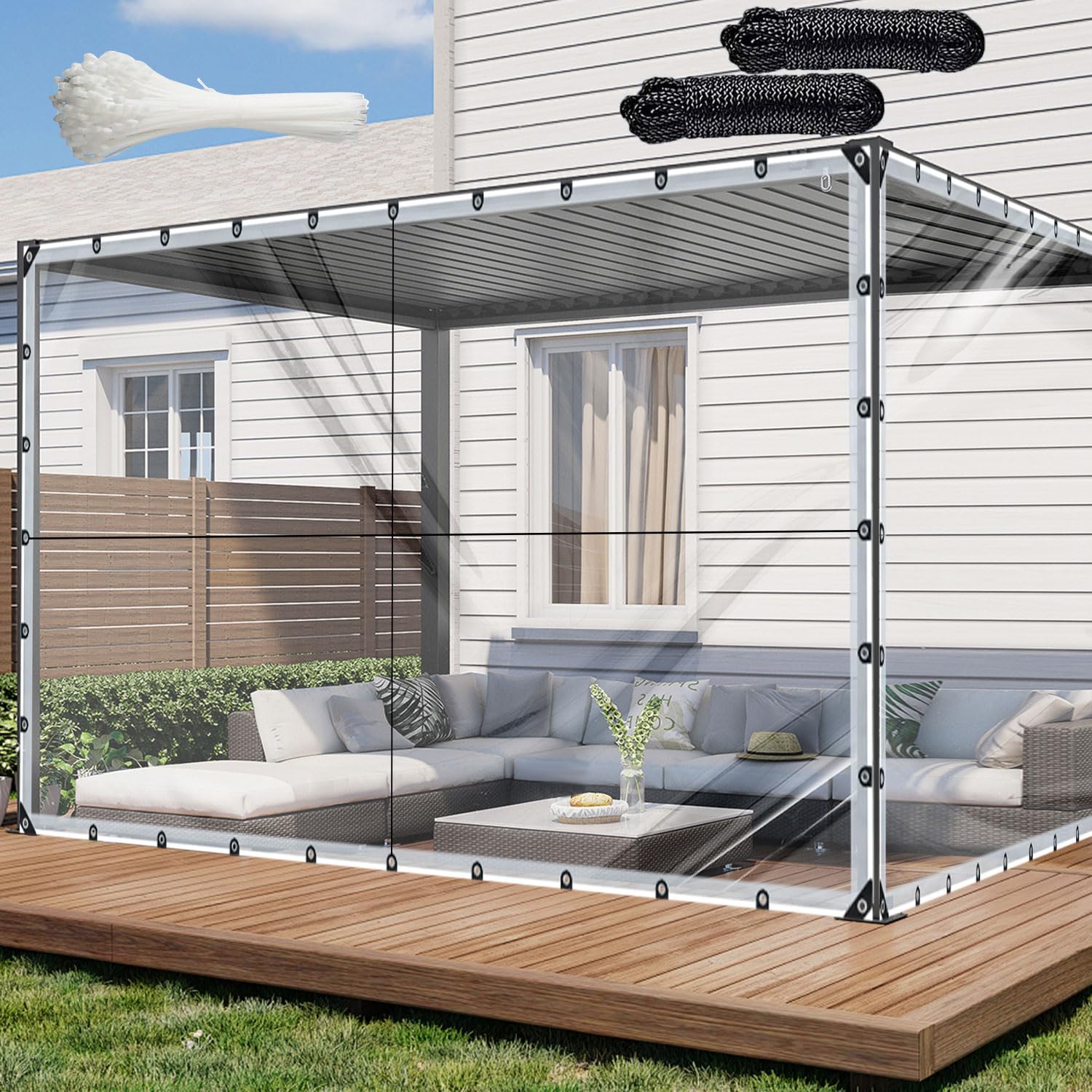 10x12ft Clear Waterproof Tarp with Grommets, Upgraded Edge Heat Fused Tear Resistant Clear Heavy Duty Tarps for Patio Fencing, Rain, Wind, Cold, Chicken Coops, and More?Windproof Rope+Tie-Downs?