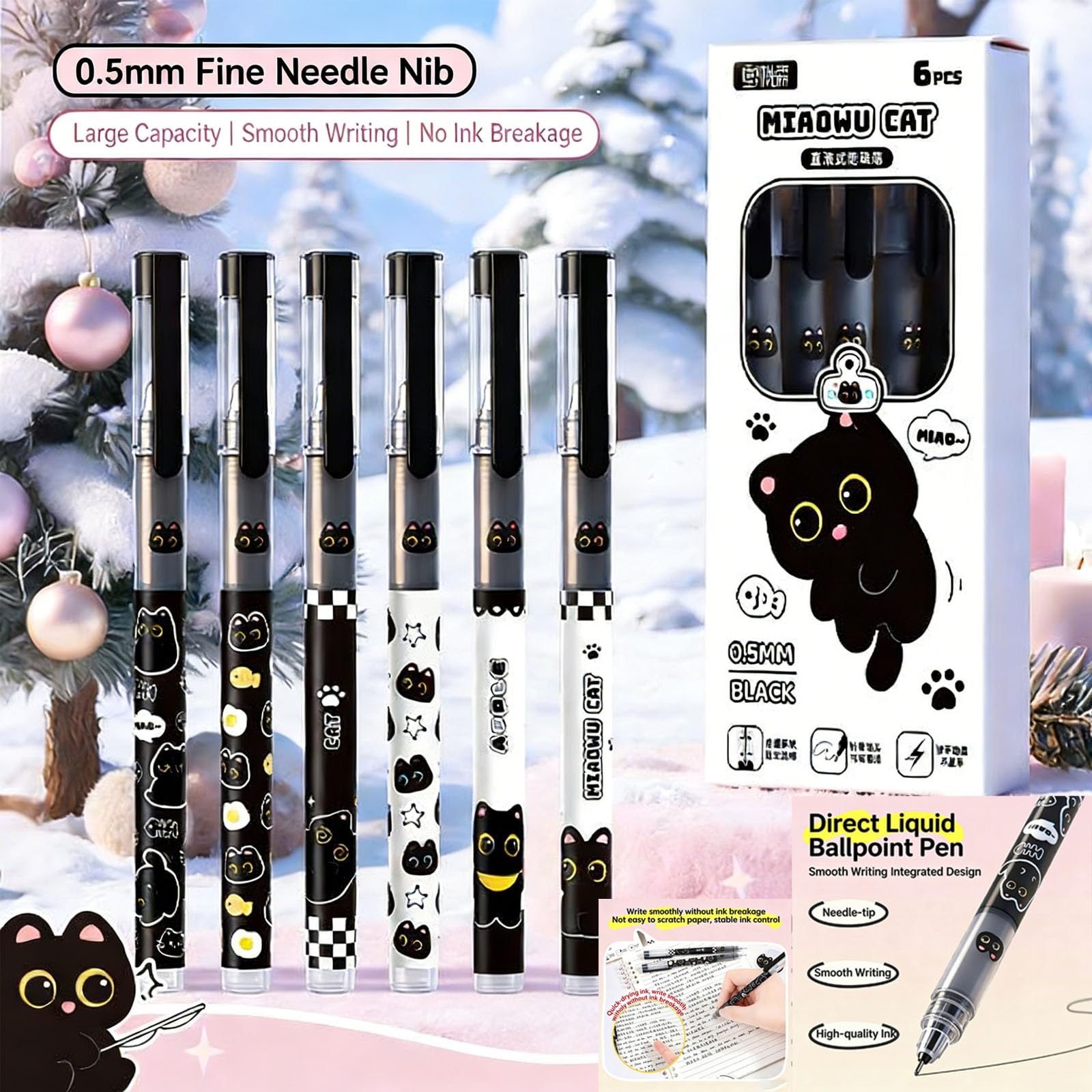 Grazioso astuccio con gatto nero con 12 scomparti. Il set regalo include astuccio nero, penna a sfera, portachiavi in peluche, adesivi, clip, quaderno, segnalibro e note adesive.