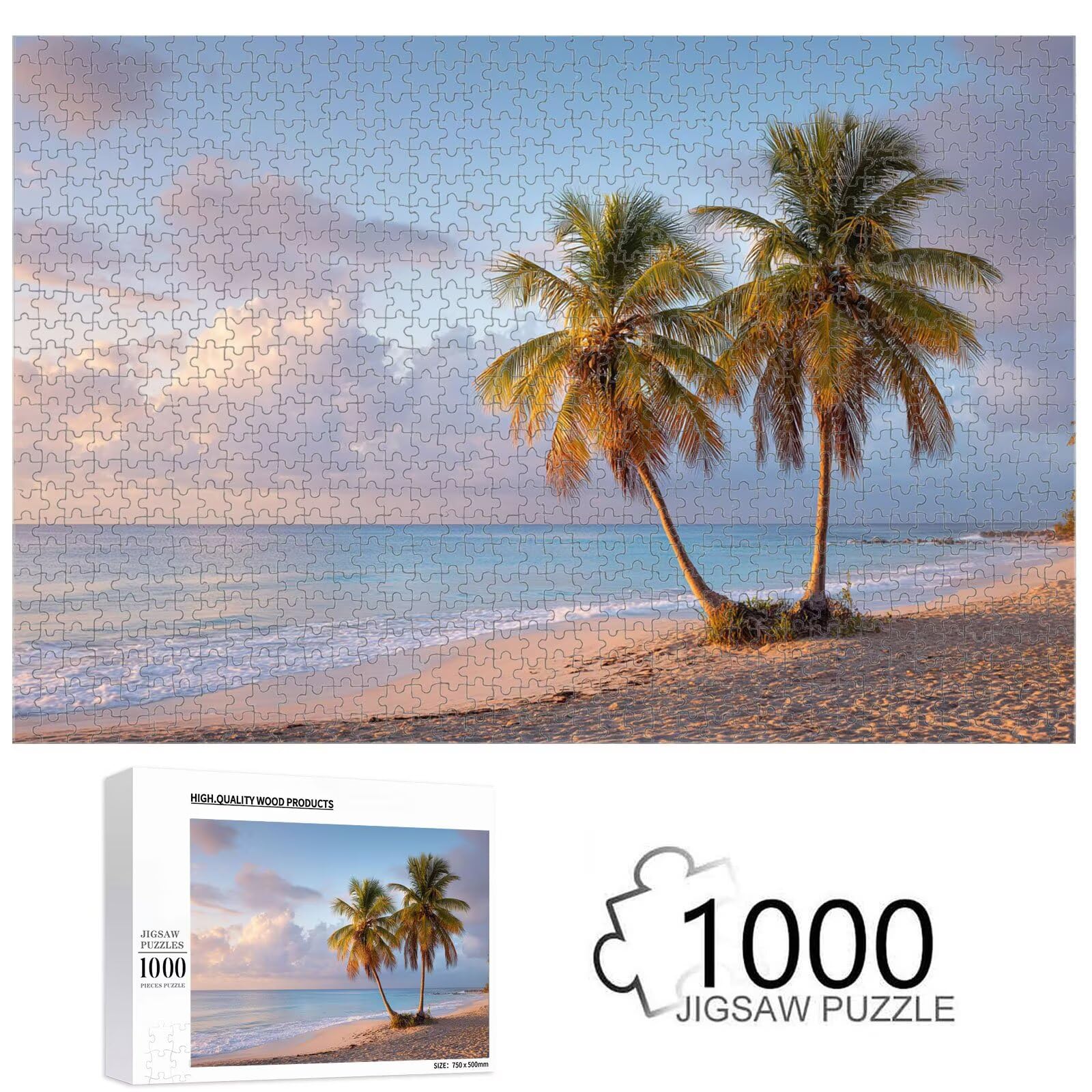 2000 elementów, puzzle dla dorosłych, palmy kokosowe i plaża, drewniane puzzle 1T#957