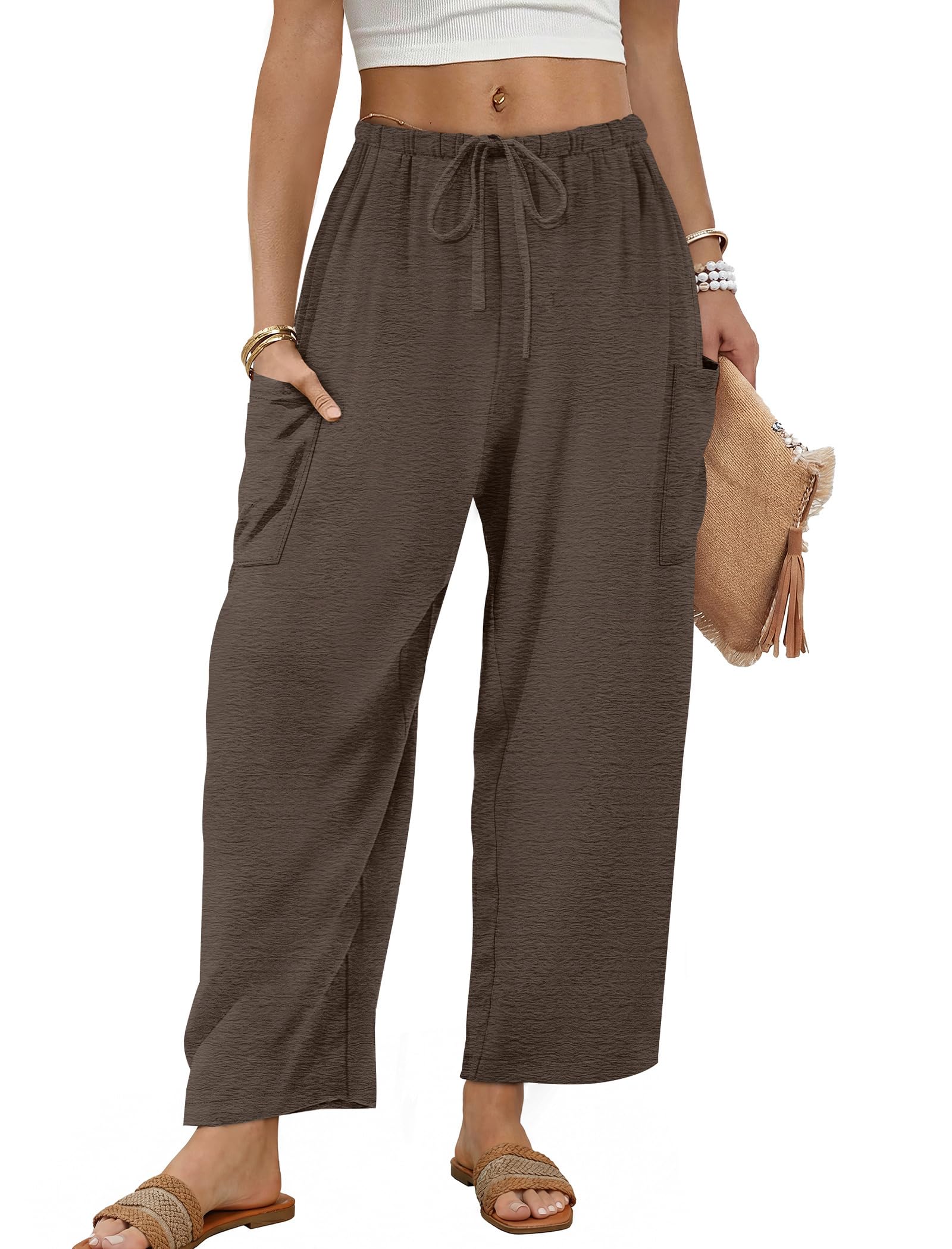 Sampeel Wide Leg Pants for Women Barrel Flowy Palazzo Elastic Waist Trousers with Pockets Summer Beach Vacation Outfits — view 6