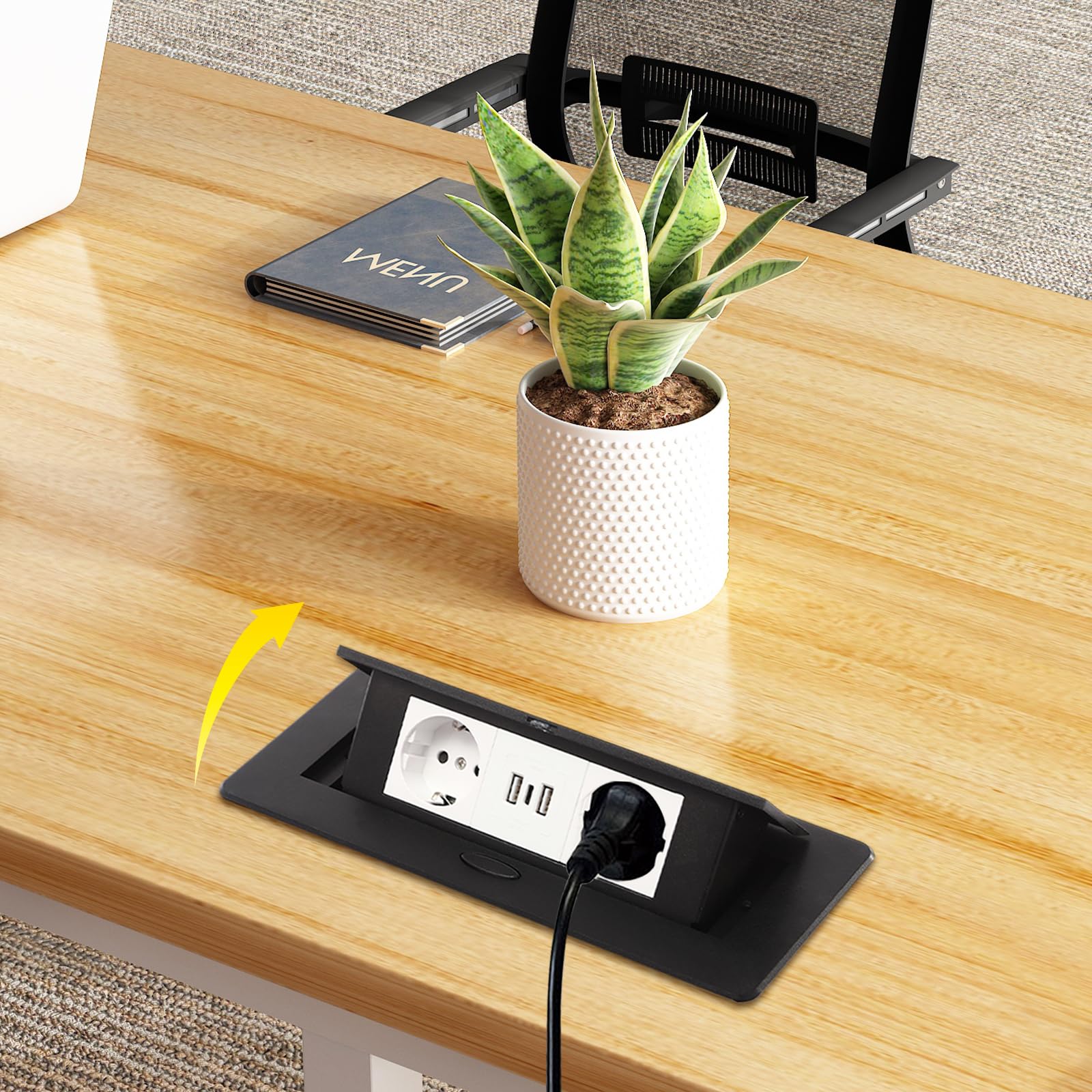 Pop-up Steckdosenleiste mit Netzkabel – EU Norm, USB + Type-C Ports, Schwarz, Kompakt stabil, Überlastungsschutz, Powerstrip für Home Office & Reise, sicherer Energielieferant