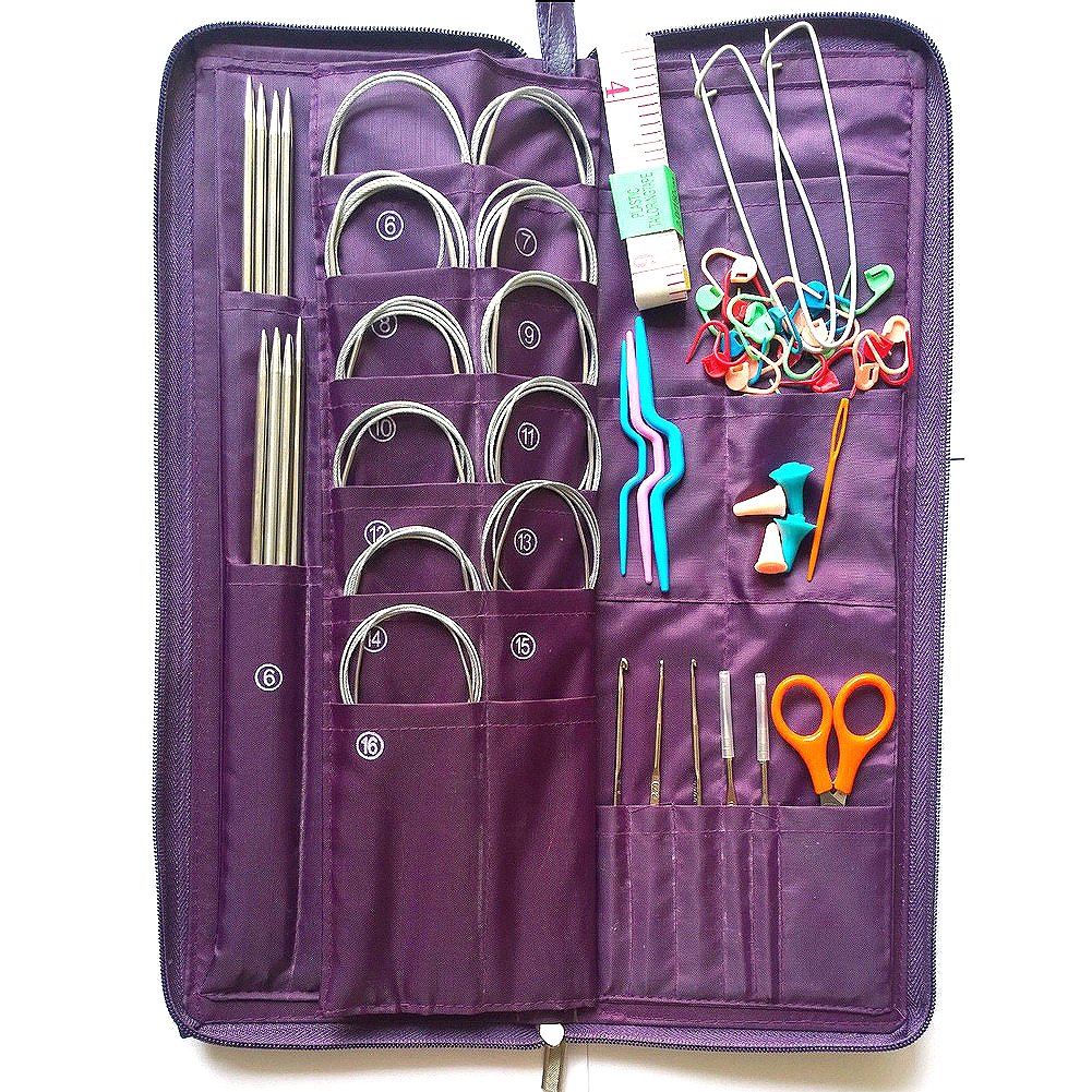 104-teiliges Strickset, Edelstahl-Stricknadeln, gerade, Rundstricknadeln, Häkelnadel, Handwerkzeug mit PU-Beutel