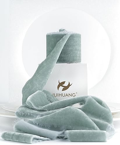 HUIHUANG Cinta de terciopelo azul polvoriento, 2 pulgadas, hecha a mano, cinta de terciopelo de seda deshilachada para ramo de flores, envoltura de