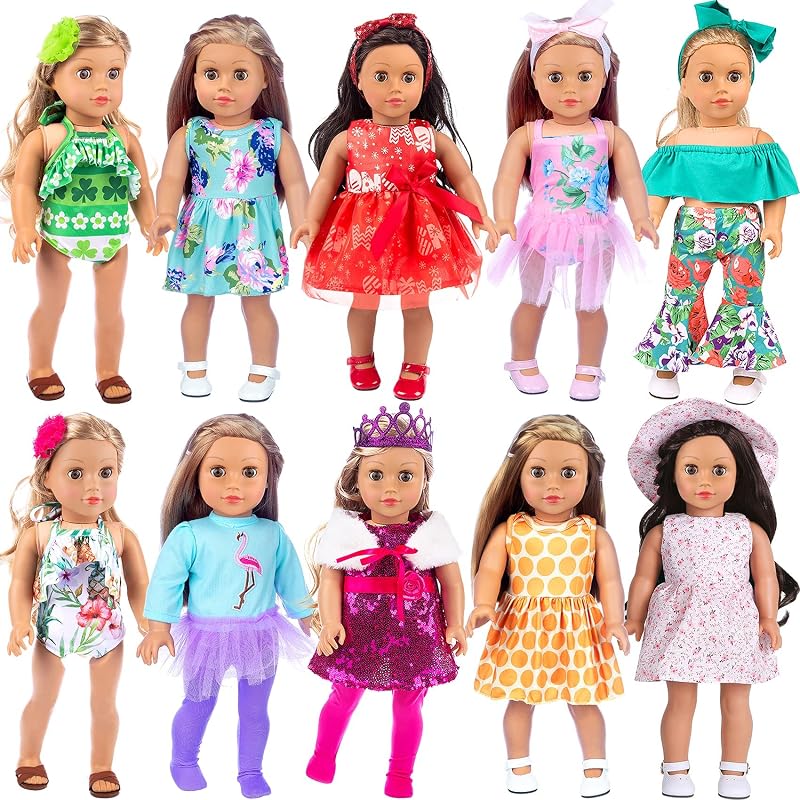 American Doll Clothes & Accessories for 18 Inch Dolls | 10 Complete 18 Inch Girl Doll Clothes Sets of Swim Party, Dresses Tops Pants Swimsuits Tights, Gift for Girls Age 3+ No Doll