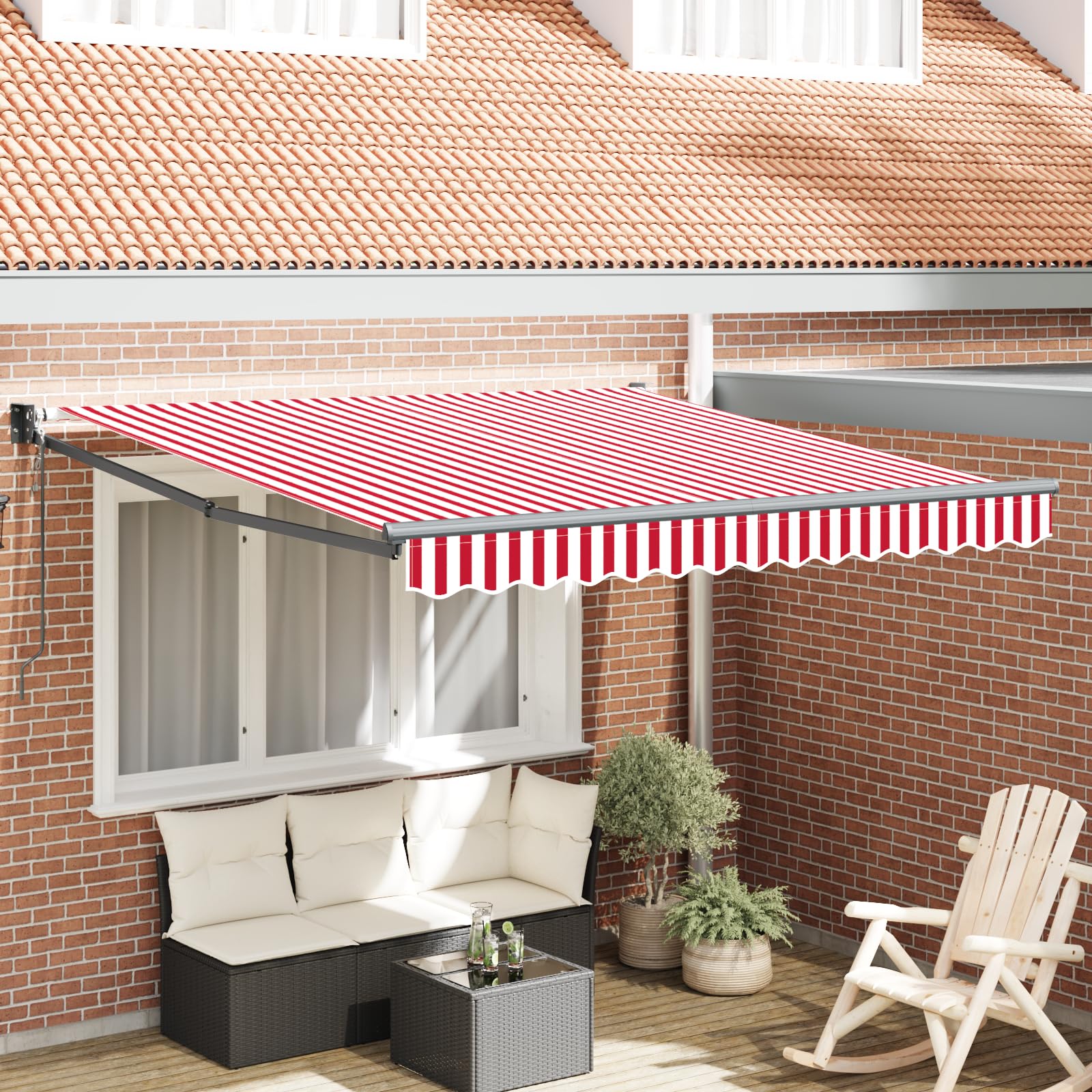 Automatyczny składany parasol, czerwono-białe paski, 300 x 250 cm, na balkon i do solarium, z ramą z aluminium i tkaniny poliestrowej, odporny na działanie promieni UV, szeroki, ochrona przed słońcem