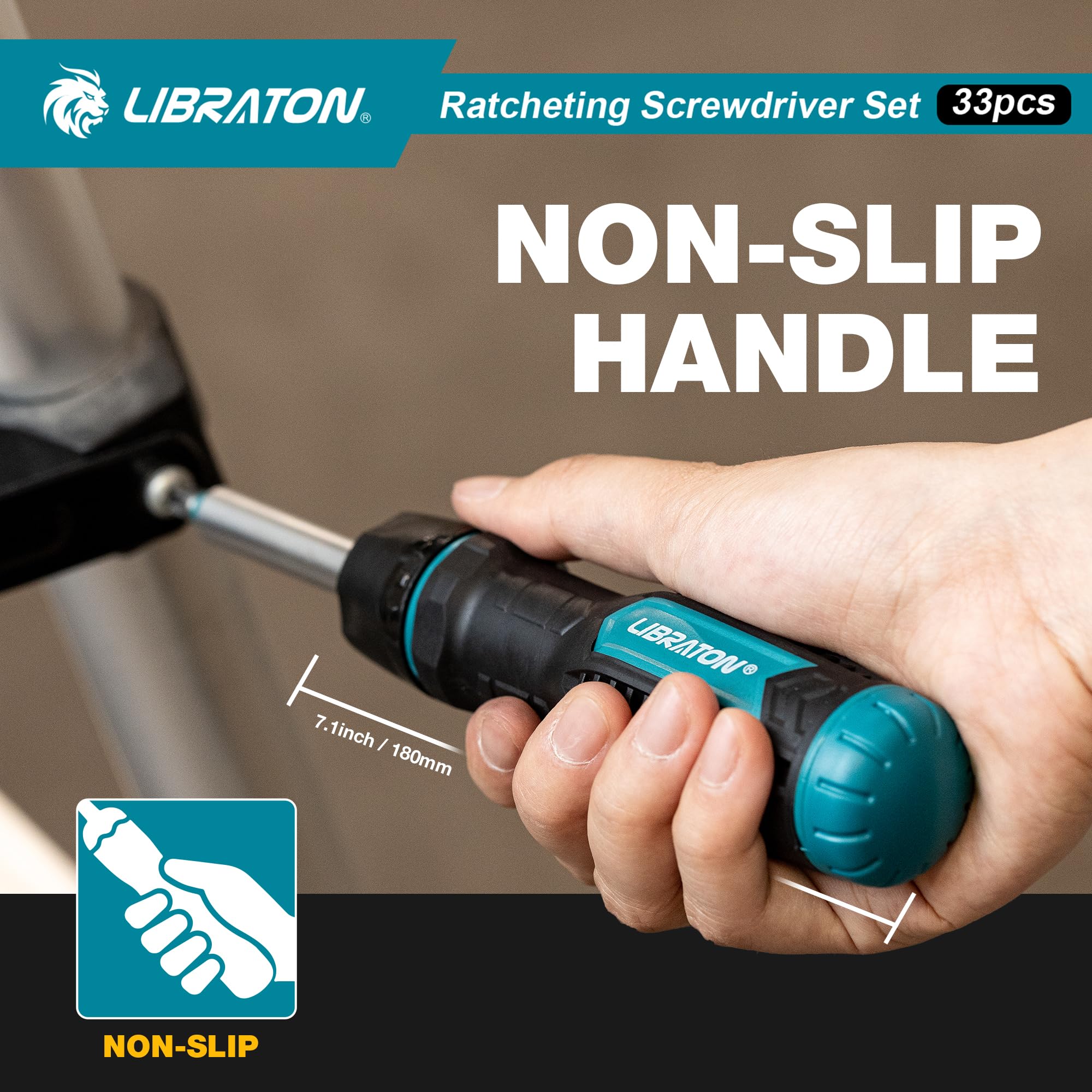 LIBRATON Tournevis Multi-embouts à Cliquet Magnétique 33-en-1, Embout Fendu/Cruciforme/Pozi/Torx/Hexagonal/Carré, Poignée Ergonomique pour Maison, Automobile & Bricolage