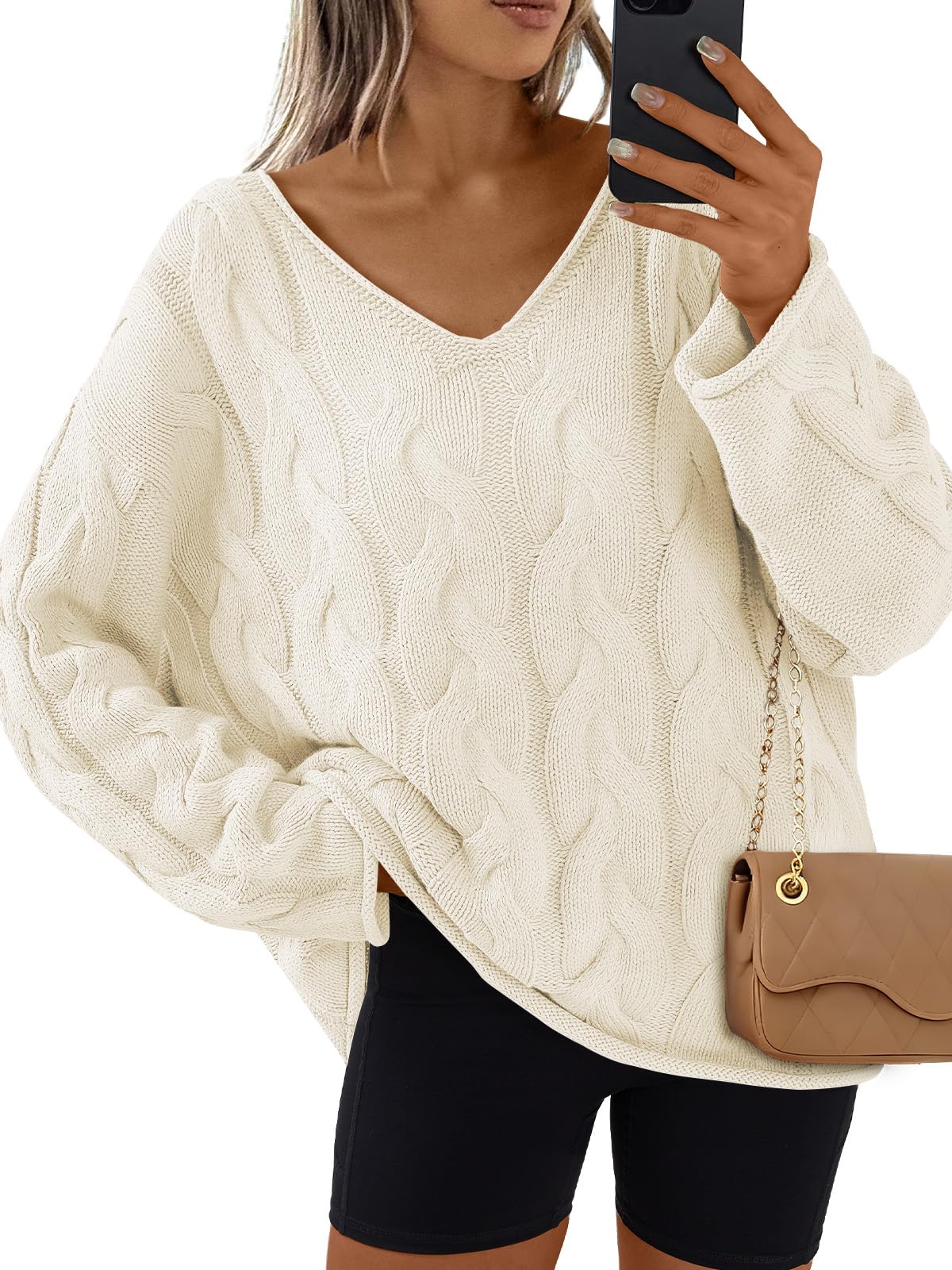 Trendy Queen Oversized Long Sleeve V Neck Cable Knit Sweaters