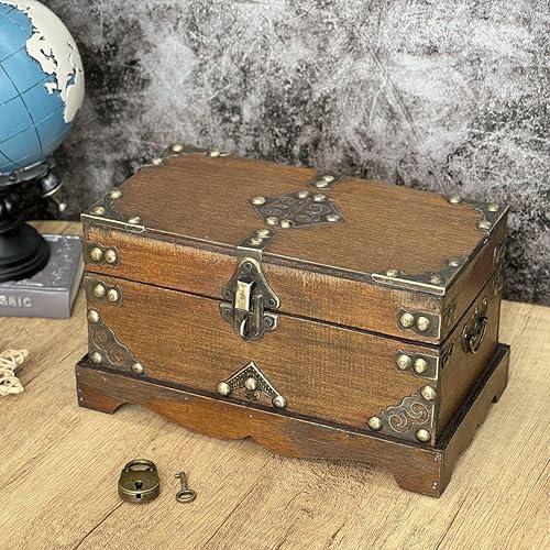 Miniatura 2 de Cofre del tesoro con cerradura, caja de almacenamiento de madera, caja decorativa de almacenamiento con tapas, caja de recuerdo pirata para joyas,