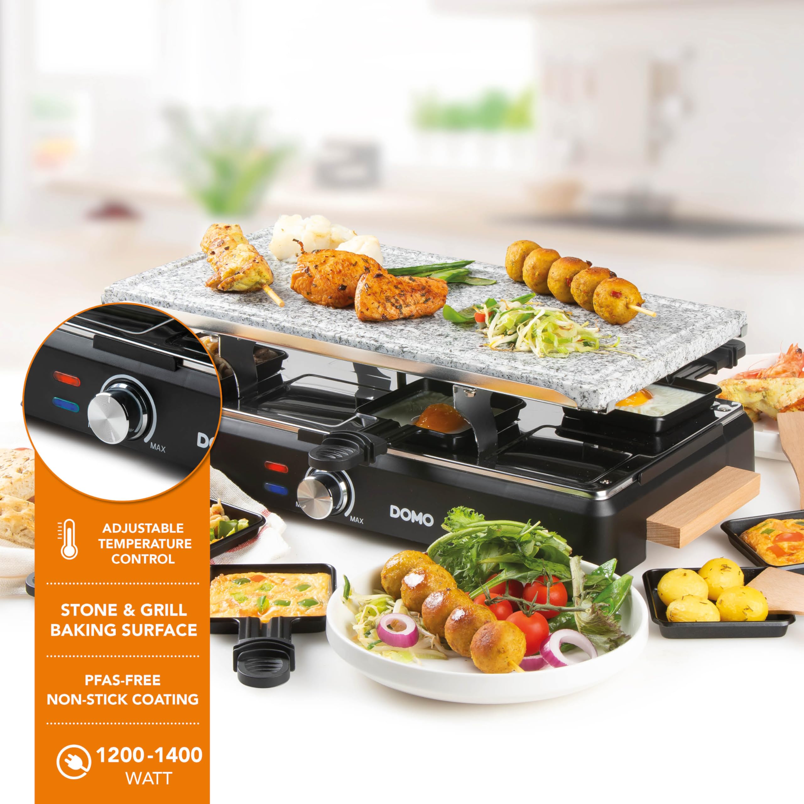DOMO DO9262G Plancha Électrique pour 8 Personnes – Plaque à rôtir électrique avec Pierre de Cuisson et Plaque de cuisson Grill – Gril électrique Raclette avec Revêtement PFAS Free
