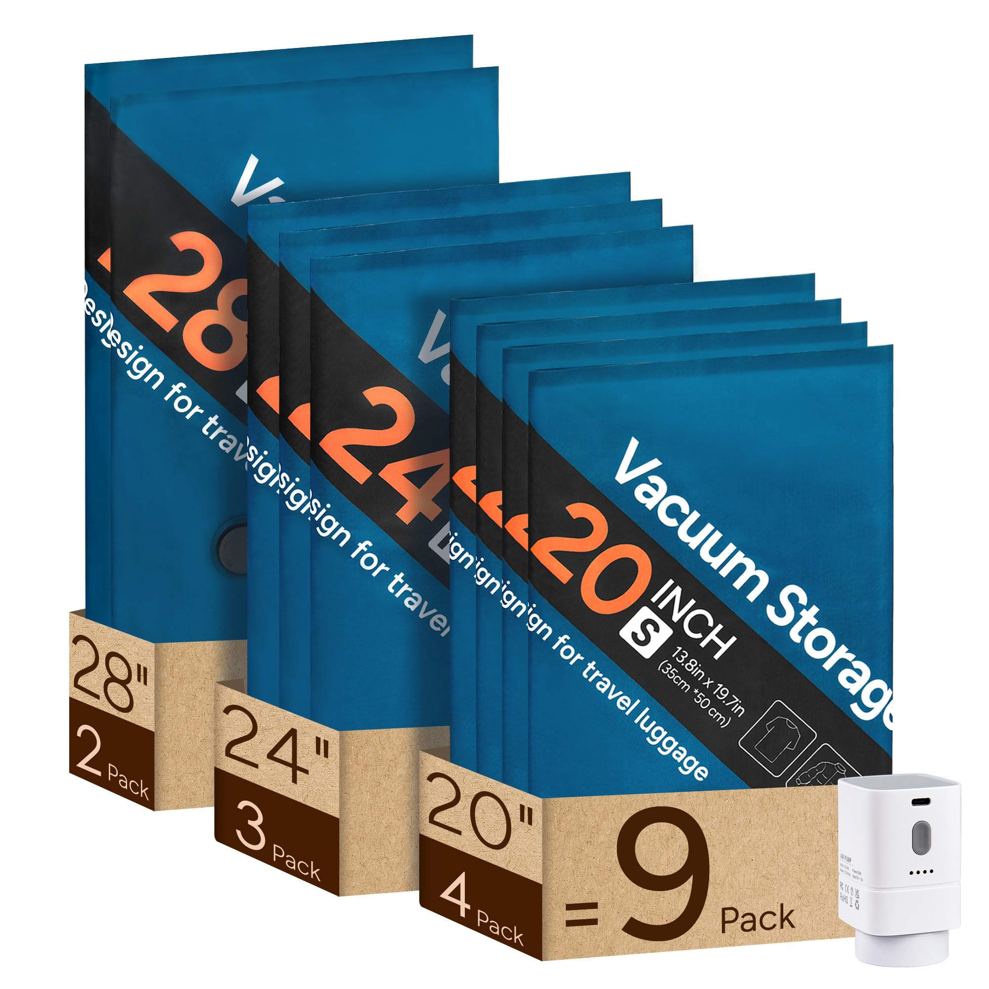 travel inspira Sac Sous Vide Vêtement Aspirateur avec Pompe (4S+3M+2L) | Tissu Oxford Réutilisable, Pompe électrique Sans Fil, Anti-décoloration, Anti-rayures, Protection de la vie Privée
