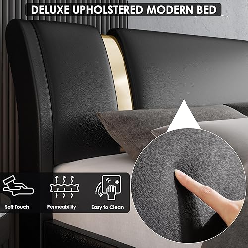 Miniatura 47 de TTVIEW Moderna base de cama tapizada de piel sintética con decoración de metal de hierro, cabecera curvada ajustable, soporte de listones de madera,