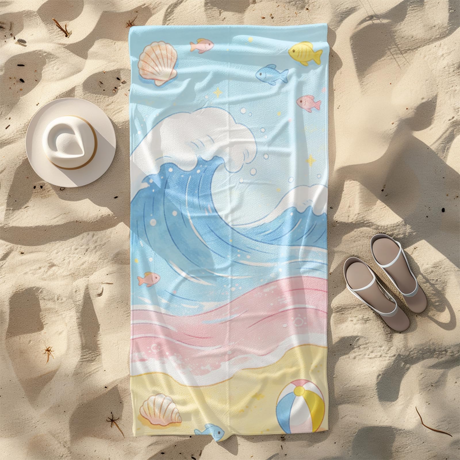Fouta PlagePlage Jaune Bleu Vagues Modèle Surdimensionné avec Diverses Tailles, Respirante et Portable, Parfaite pour Voyages Sorties Piscine et Usage Extérieur Quotidien 90x160 cm