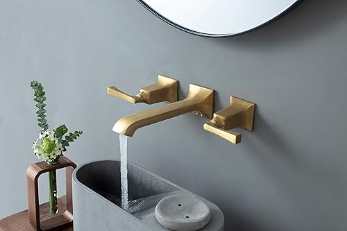 Miniatura 9 de Grifo de pared de baño, resistente, grifo de montaje en pared de latón con manijas de palanca de metal, válvula áspera incluida, bronce champán