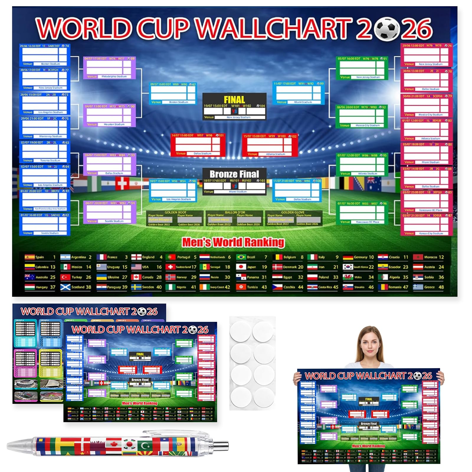 TZMFHD World Cup Football 2026, Interactive Wall Chart for 2 Football Fans, Foldable Design for Easy Storage, Large Size 87 x 58 cm, World Cup Bunting 2026