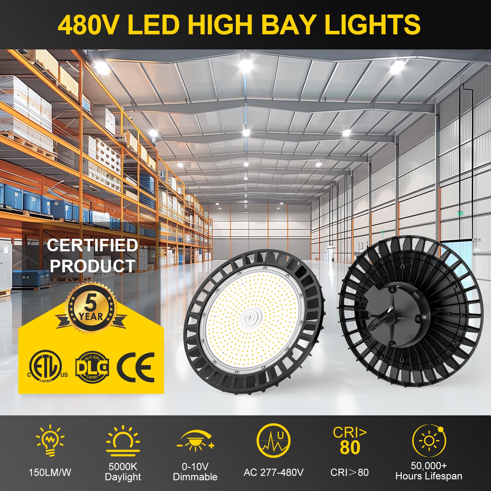 9Pack 480V UFO LED High Bay Light 240W 200W 150W Adjustable 36000Lm 5000K High Bay Led Shop Lights — view 2