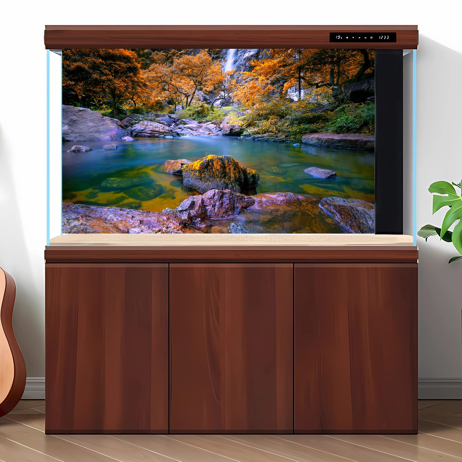 Waterfall Aquarium Background Autumn Jungle Forest Lake Stream Natural Landscape Terrarium Background Tranquil River Huge Rocks Fish Tank Background Fall Forest Theme Reptile Background 72x18in