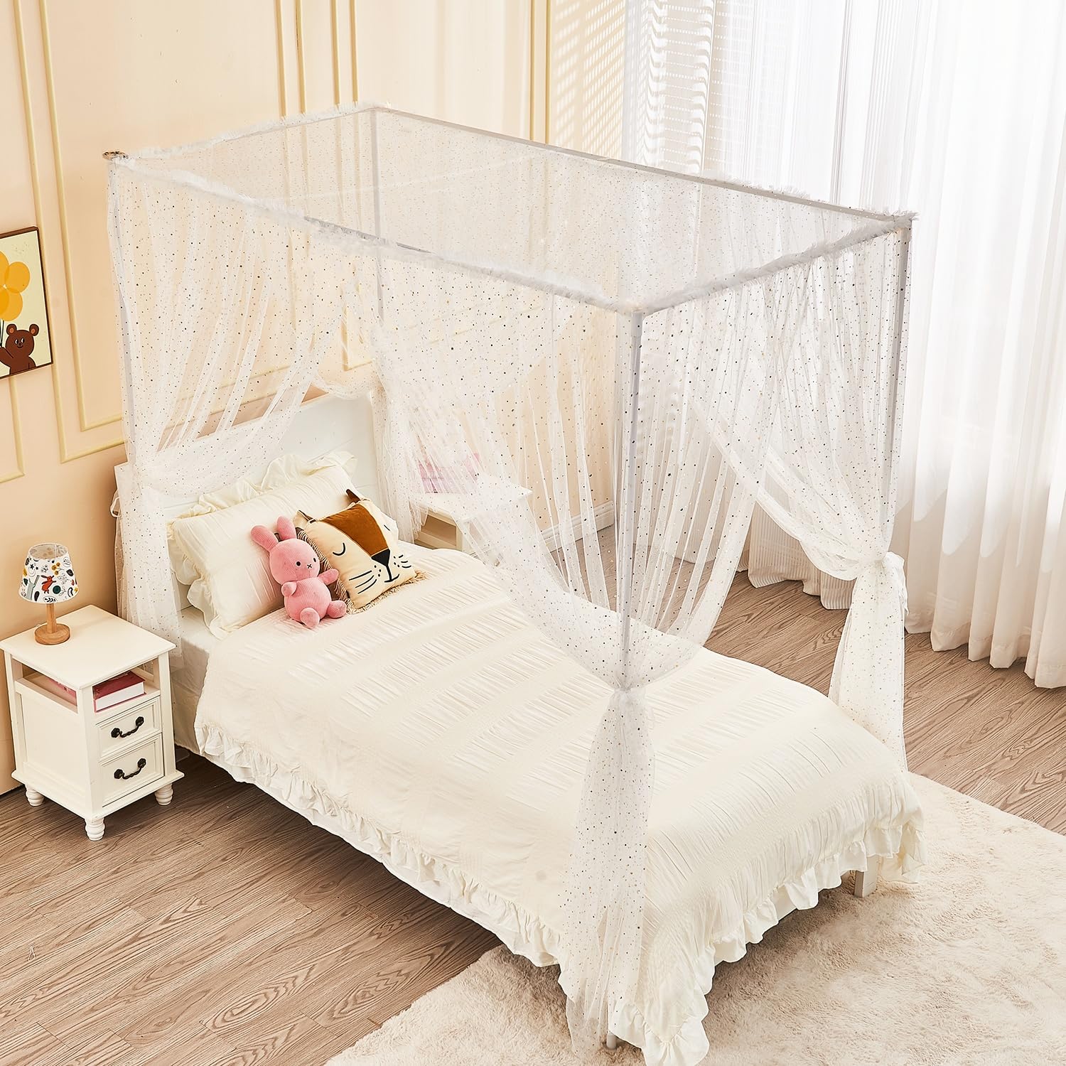 Weißer glänzender Betthimmel mit Lichtern für Mädchen und Kinder, 4 Eckpfosten, Mond, Sterne, Pailletten, Prinzessin, Betthimmel, Bettvorhänge für Schlafzimmer, Dekoration (voll, weiß)