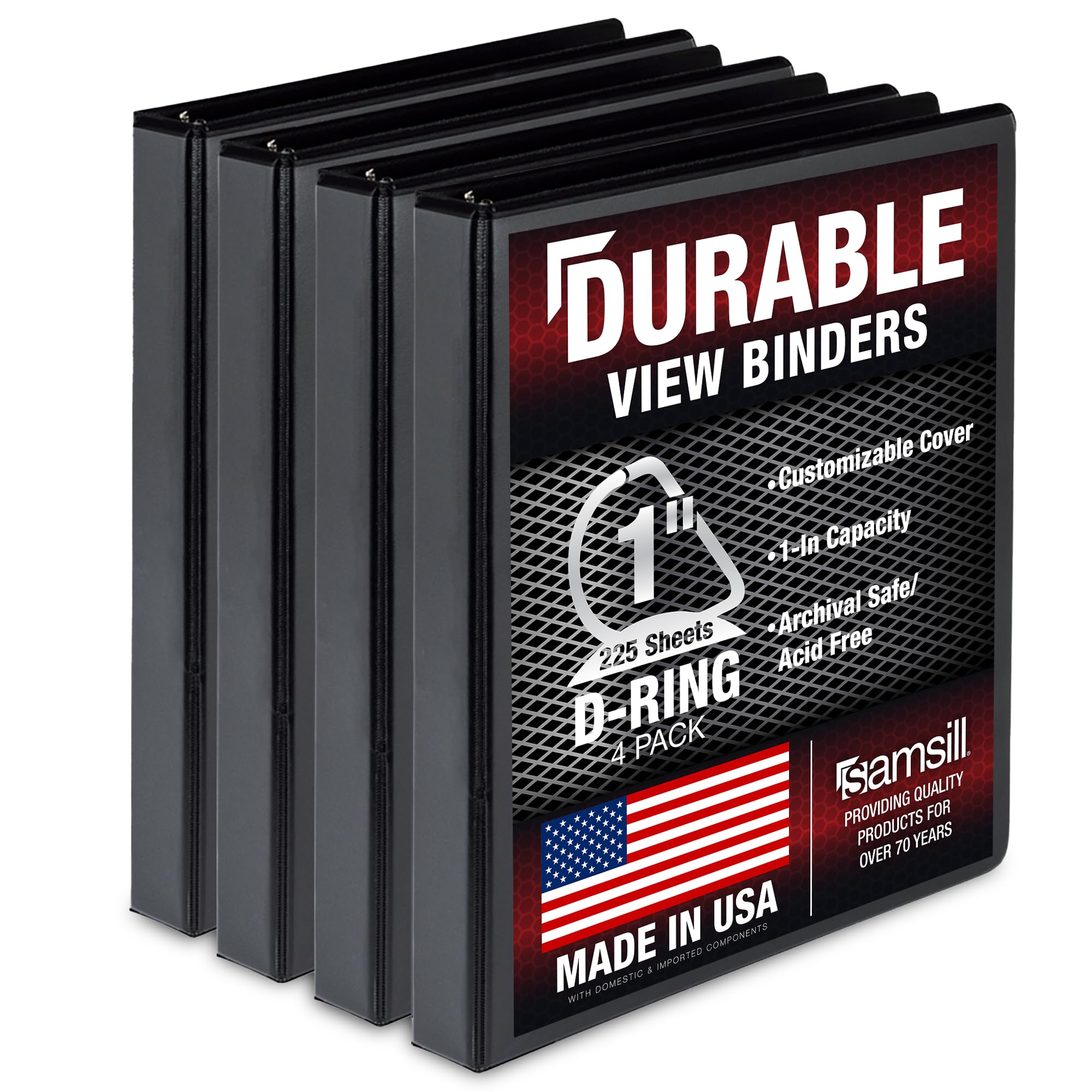 Samsill Durable 1 inch 3 Ring Binder, D Ring Binder, 100% Recycled Chipboard, Black, 4 Pack