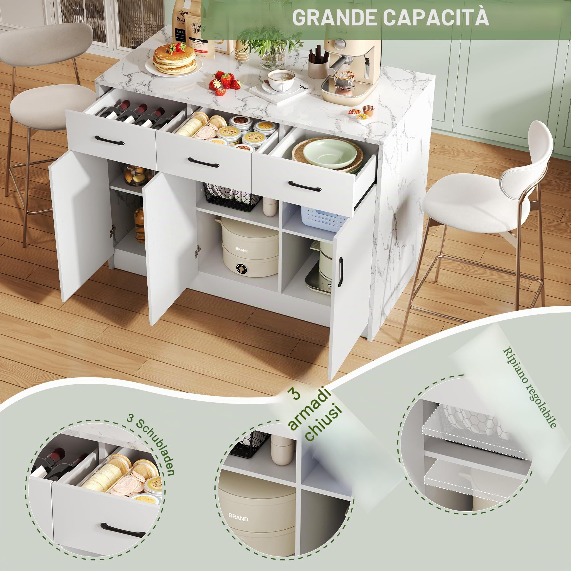 Armadio da cucina 120 x 60 x 90,5 cm, 3 cassetti e 3 ante, design marmo bianco, ripiani regolabili, design zona bar – Utensili da cucina eleganti e pratici