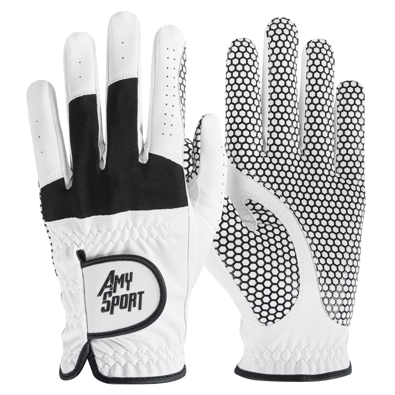 Amy Sport Golf Gloves Men Rain Grip Weathersof Hot Wet All Weather Leather Glove 1/2 Pack, Right Handed Golfer Left Hand Comfortable, Fit Size Small Medium Large XL (White/Black-2 Pack, Large, Left)