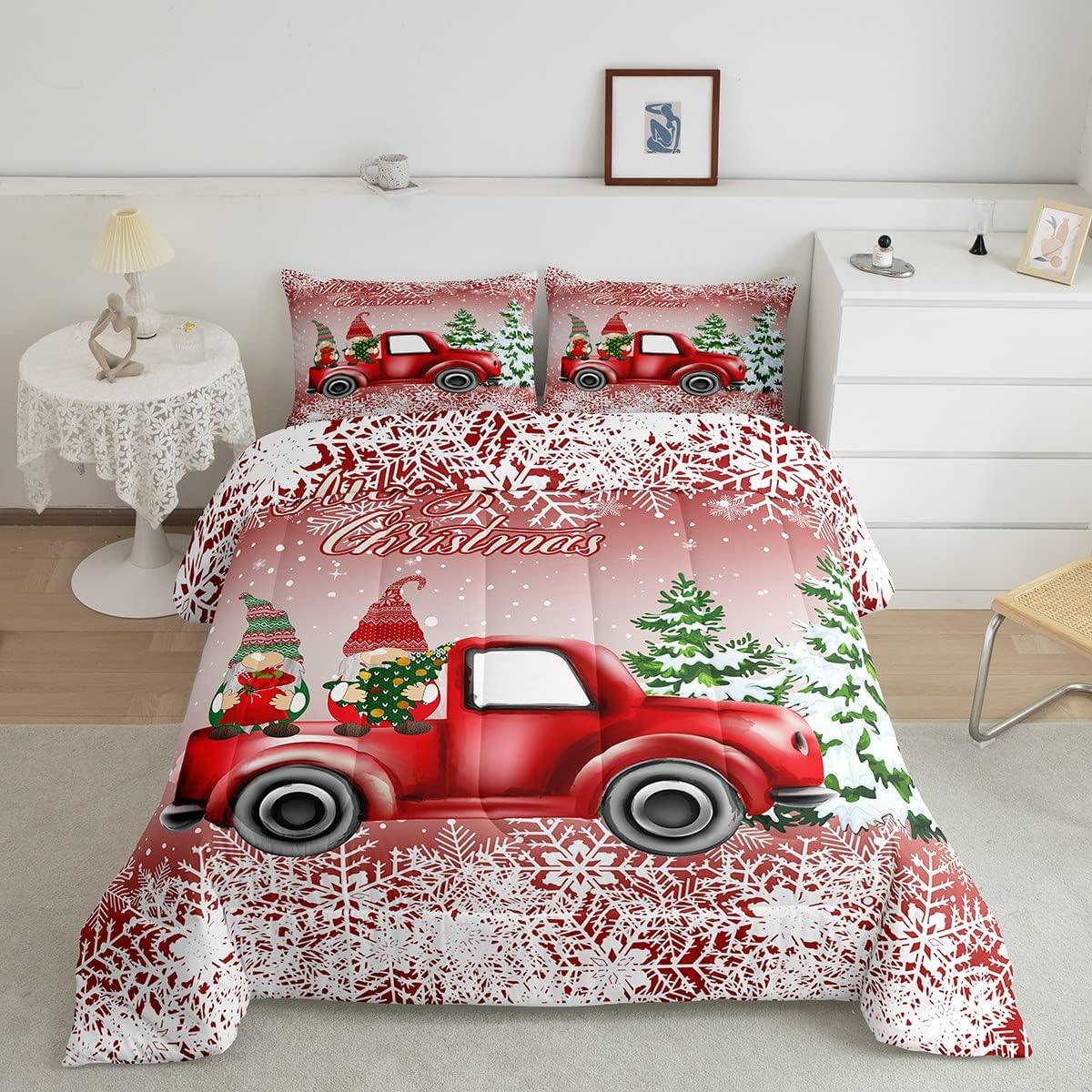 Christmas Comforter Set Queen Size,Red Santa Truck Pine