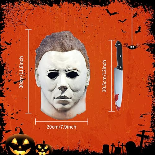 Miniatura 4 de Máscara de Halloween para adultos con cuchillo clásico realista máscara de terror aterradora máscara de cosplay de Halloween (A)
