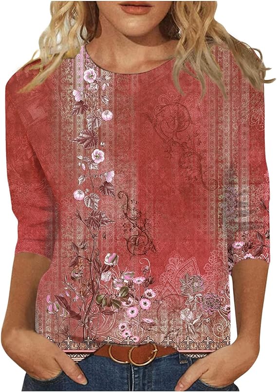 HTHLVMD Womens 3/4 Length Sleeve Tops 2025 Fall Fashion Floral Print Crewneck Causal Trendy Tunic Tops for Women