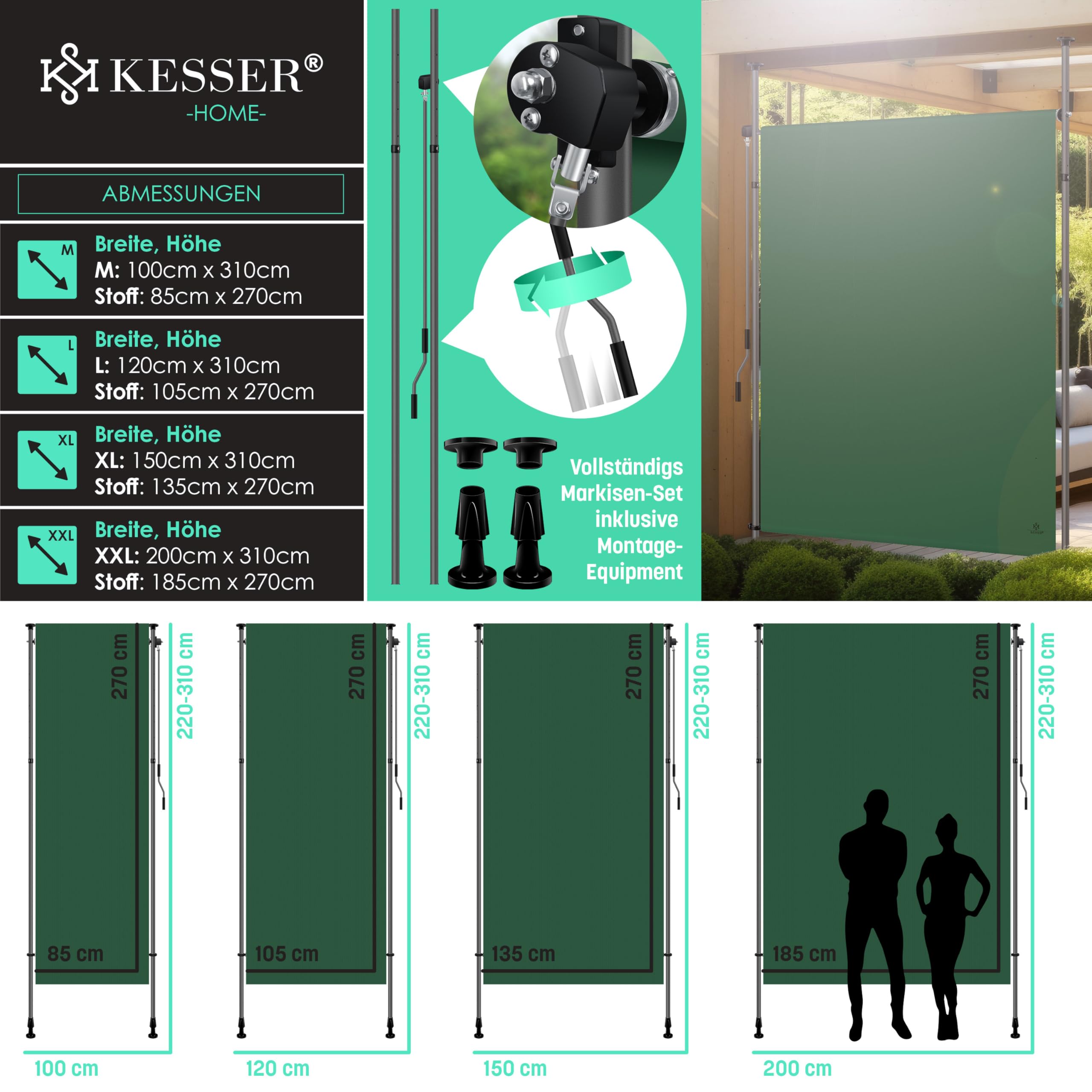 KESSER® Tenda da sole verticale a morsetto, 200 x 310 cm, allungabile e opaca, tenda da sole verticale con manovella senza fori, protezione da sguardi indiscreti e dal vento per balcone, giardino e