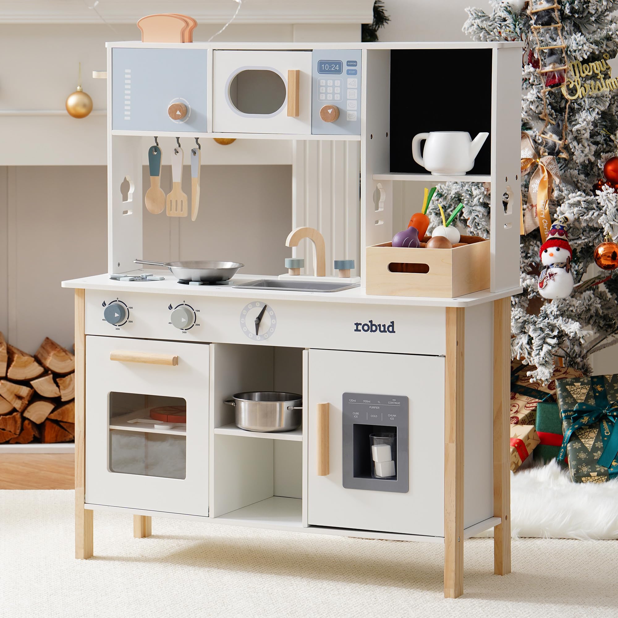 ROBUD Cocina de juguete para niños, cocina infantil de madera con macetero, tostadora, máquina de hielo y corte de alimentos de juego, juego con accesorios para jardinería, pizza, regalo para niños a