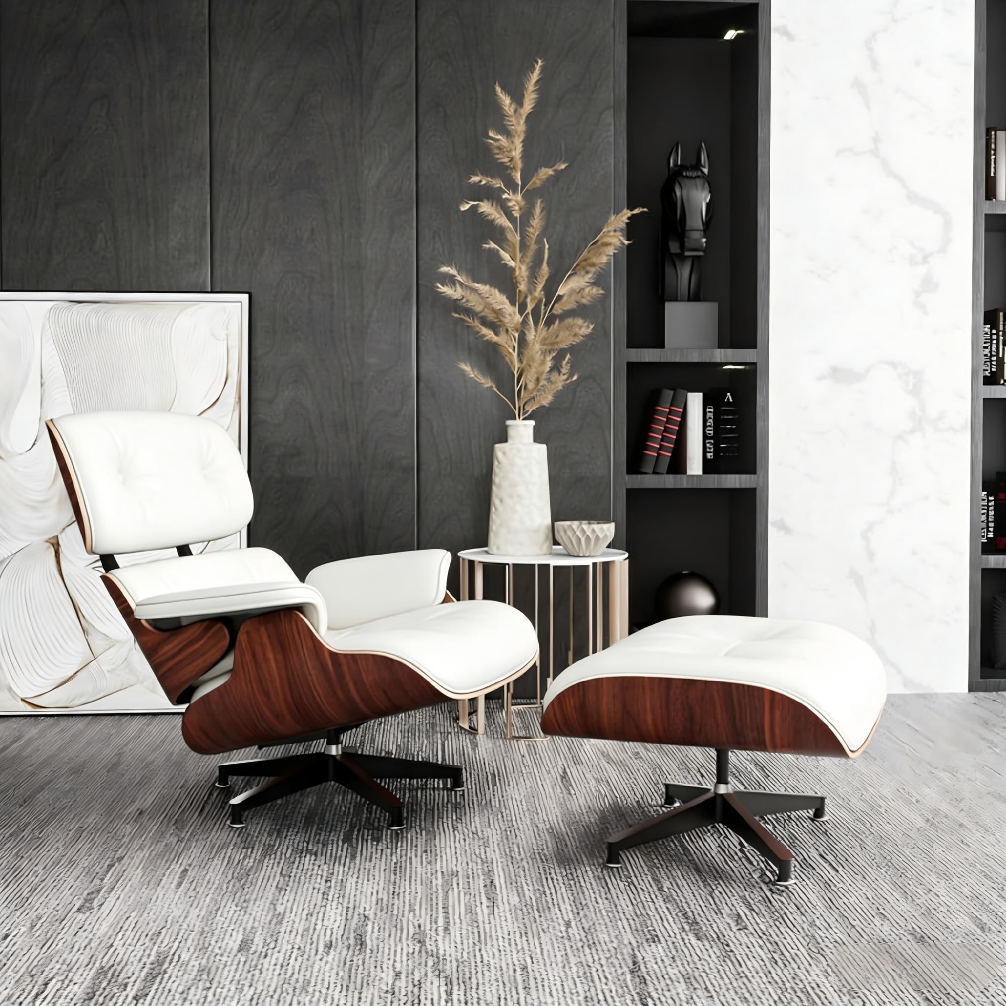 Mid Century Chaise Lounge Chair with Ottoman, Top Black Grain Leather, Modern Office Chair Classic Design, Heavy Duty Base Support for Living Room