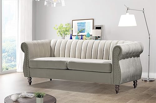 Miniatura 12 de Quinones - Sofá Chesterfield moderno con elegantes brazos enrollados, ribete de cabeza de clavos y acolchado de canal, sofá de 76.4 pulgadas de