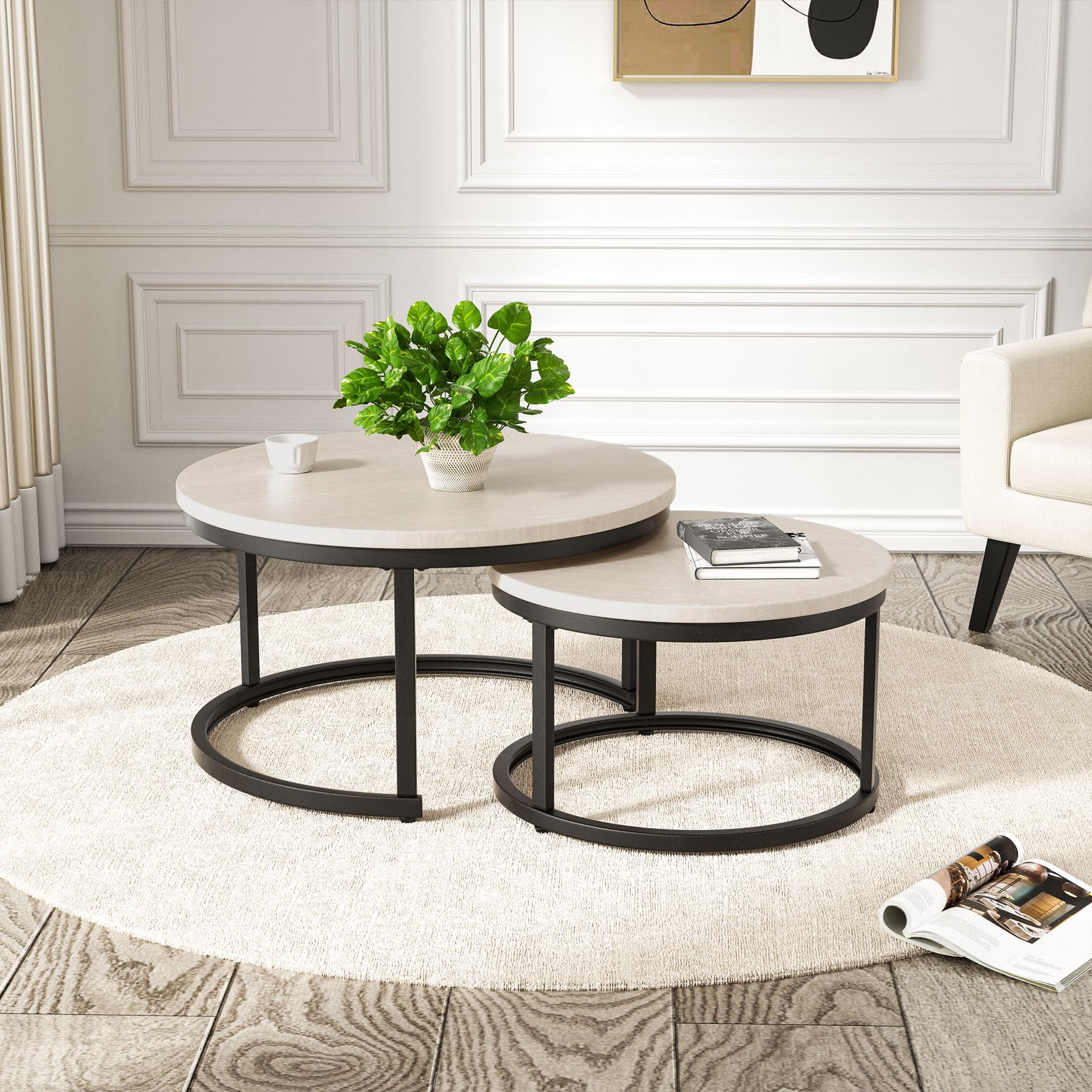 Hawthyhome Coffee Tables, Round Nesting Tables Tet of 2, Industrial Stacking End Tables with Metal Frame, Modern Side Tables for Living Room Bedroom Office, 60 * 60 * 45cm, Light oak