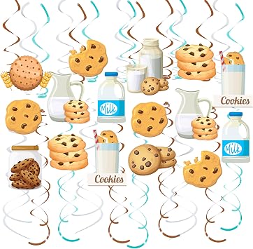 30Pcs Cookies and Milk Hanging Swirl Decorations Chocolate Chip Cookies Milk Theme Party Decor Ceiling Streamers for Birthday Party Decorations Baby Shower Supplies