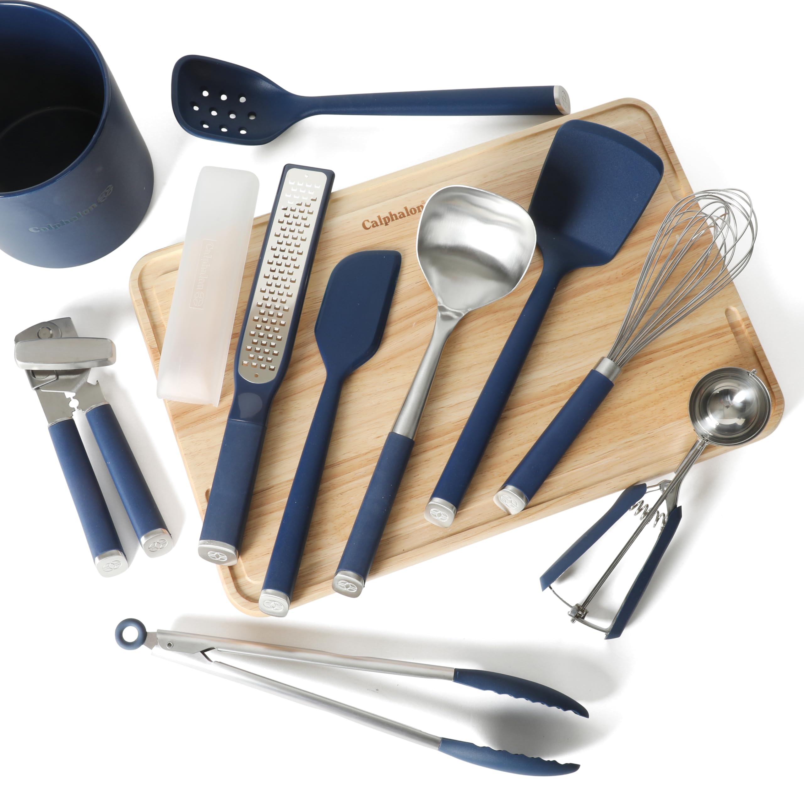 Calphalon Edge Küchenhelfer und Gadget-Set mit Topf, 10-teiliges Kochutensilien-Set, marineblau, Edelstahl und Silikon, Küchenhelfer und Gadget-Set, Blau
