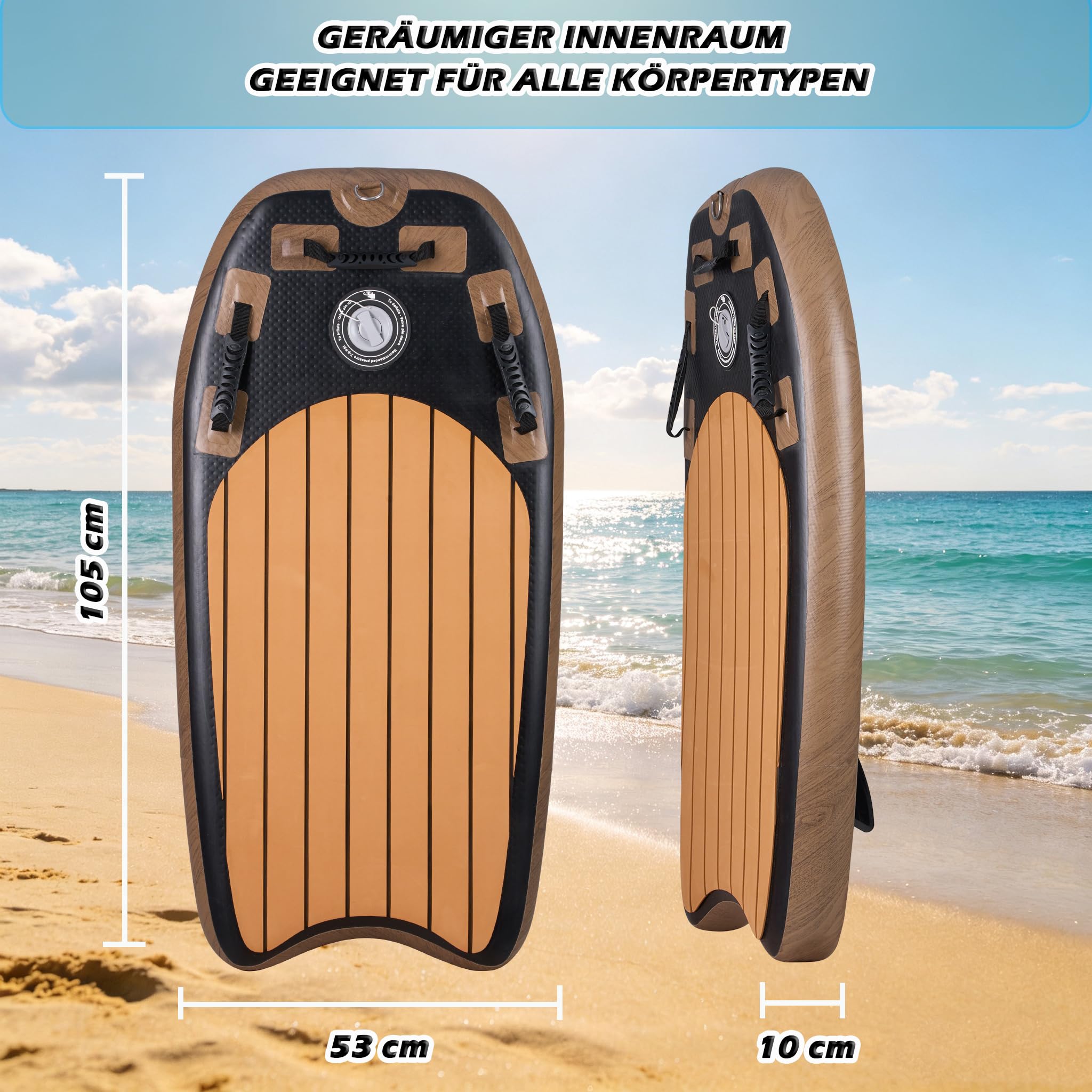 Aufblasbares Bodyboard 105x53x10cm, 3 Griffe für bessere Kontrolle, 2 Seitenflossen für Stabilität, Eva Anti-Rutsch-Oberfläche, inkl. Sicherheitsleine, Pumpe & Tragetasche, max. Belastung 100 kg