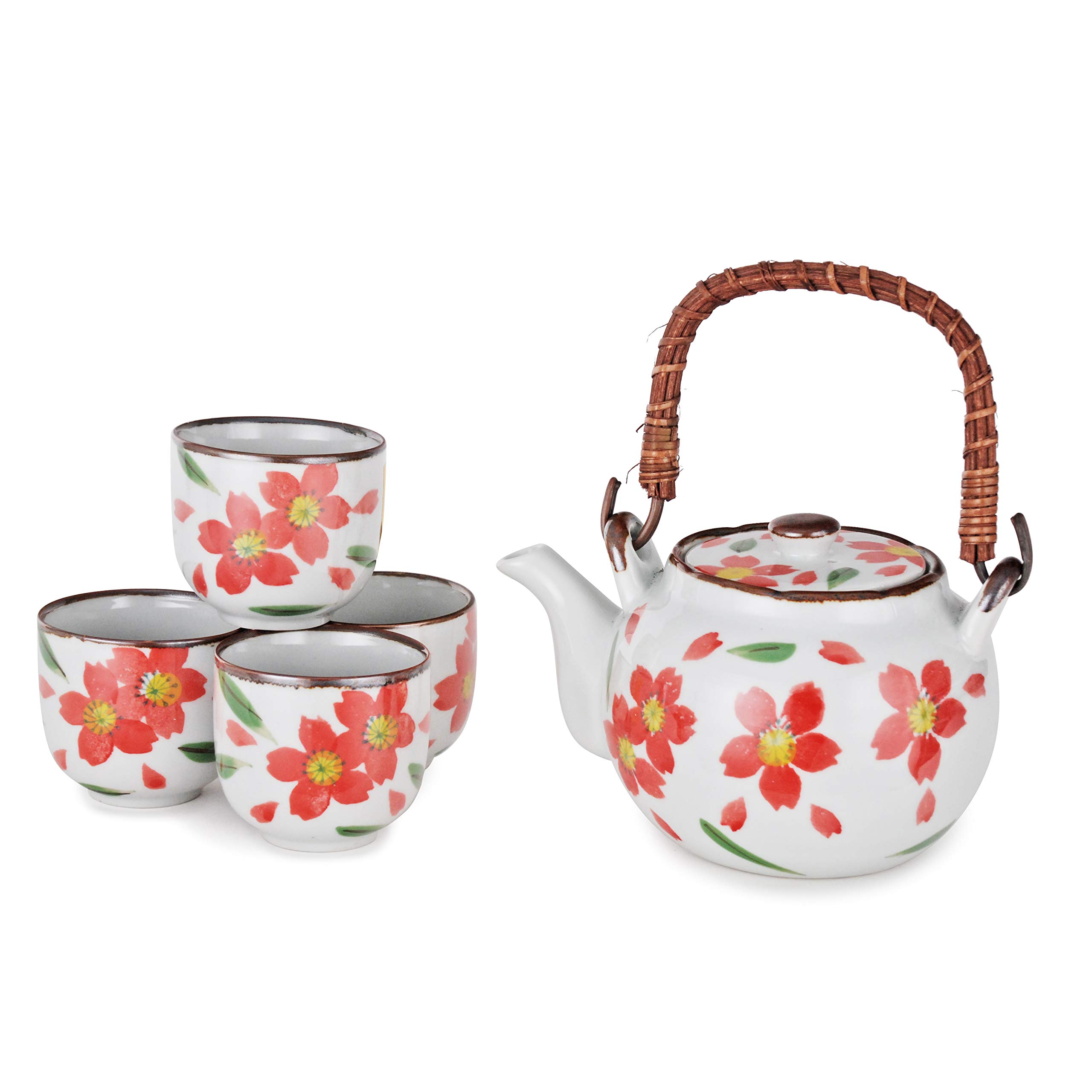 Fuji Merchandise Corp Japanese Style Tea Set Porcelain Tea Pot 22 Fl Oz with Strainer and 4 Cups Set Red Camellia Flower Design