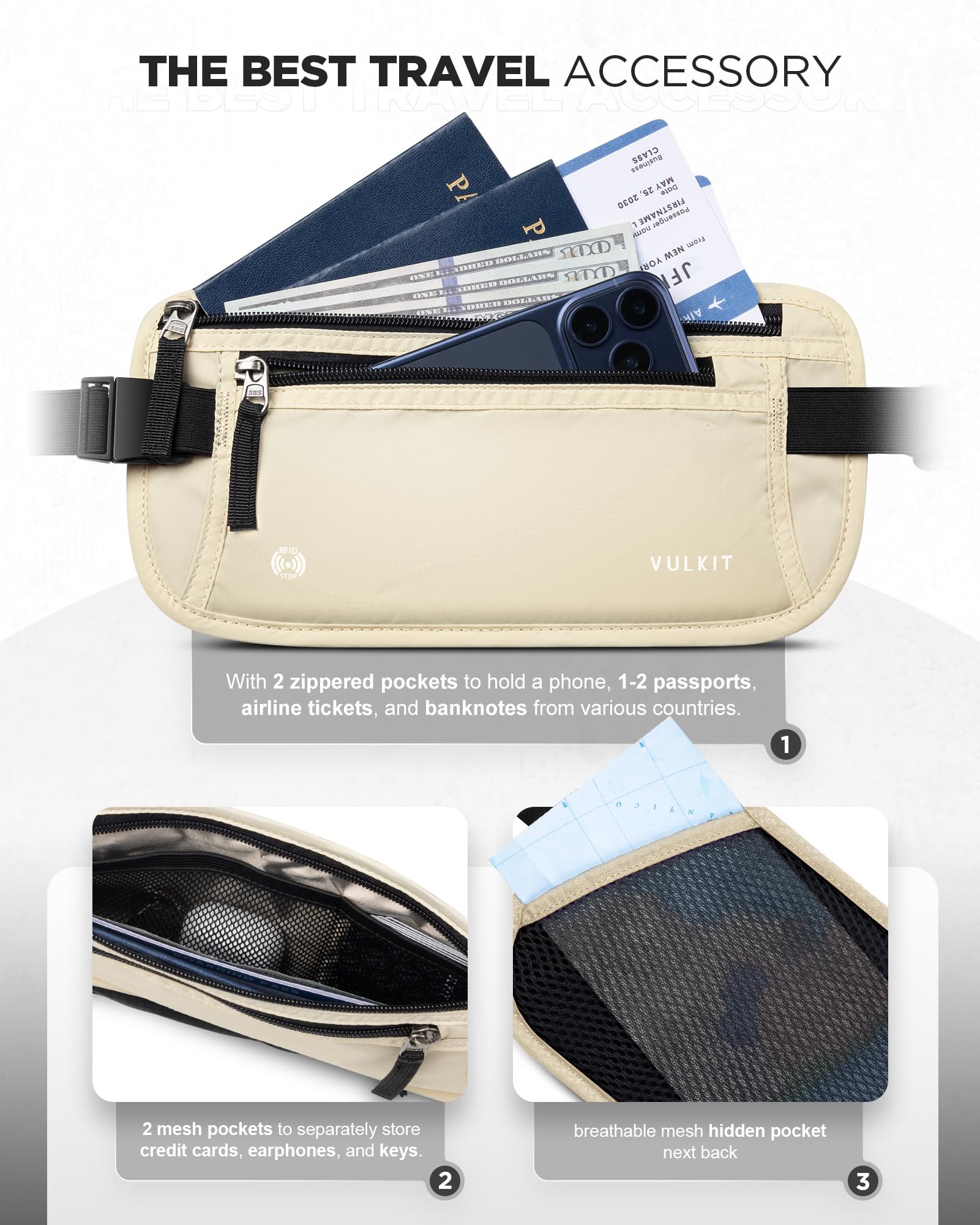 VULKIT Riñonera Viaje para Hombre y Mujer RFID Funda Pasaporte Portadocumentos Viaje Antirrobo Discreta para Teléfono Móvil, Pasaportes, Efectivo - Blanco Crema