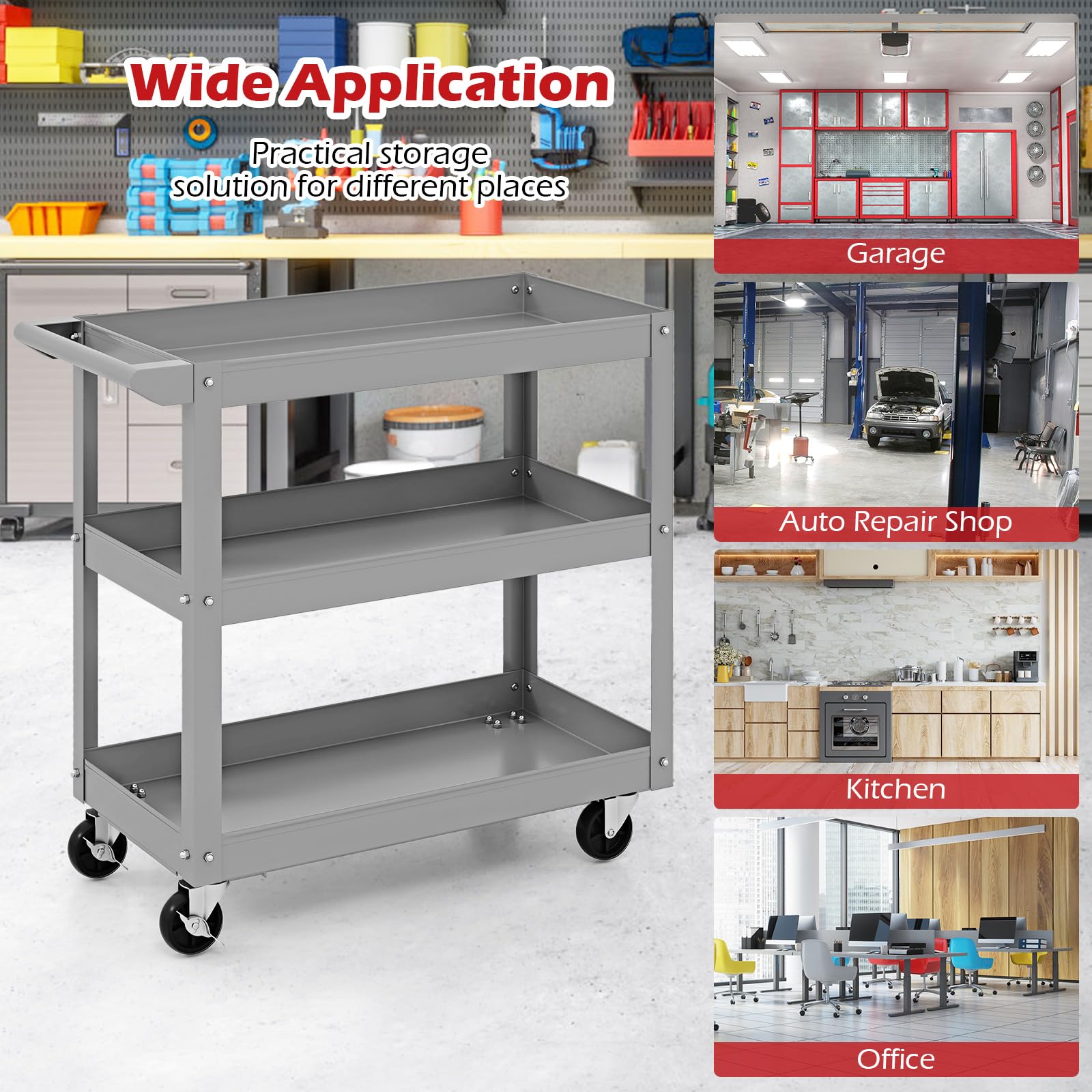 Carrito utilitario de 3 niveles con ruedas bloqueables y asa, perfecto para talleres de bricolaje, garajes y restaurantes. Solución versátil de almacenamiento de herramientas